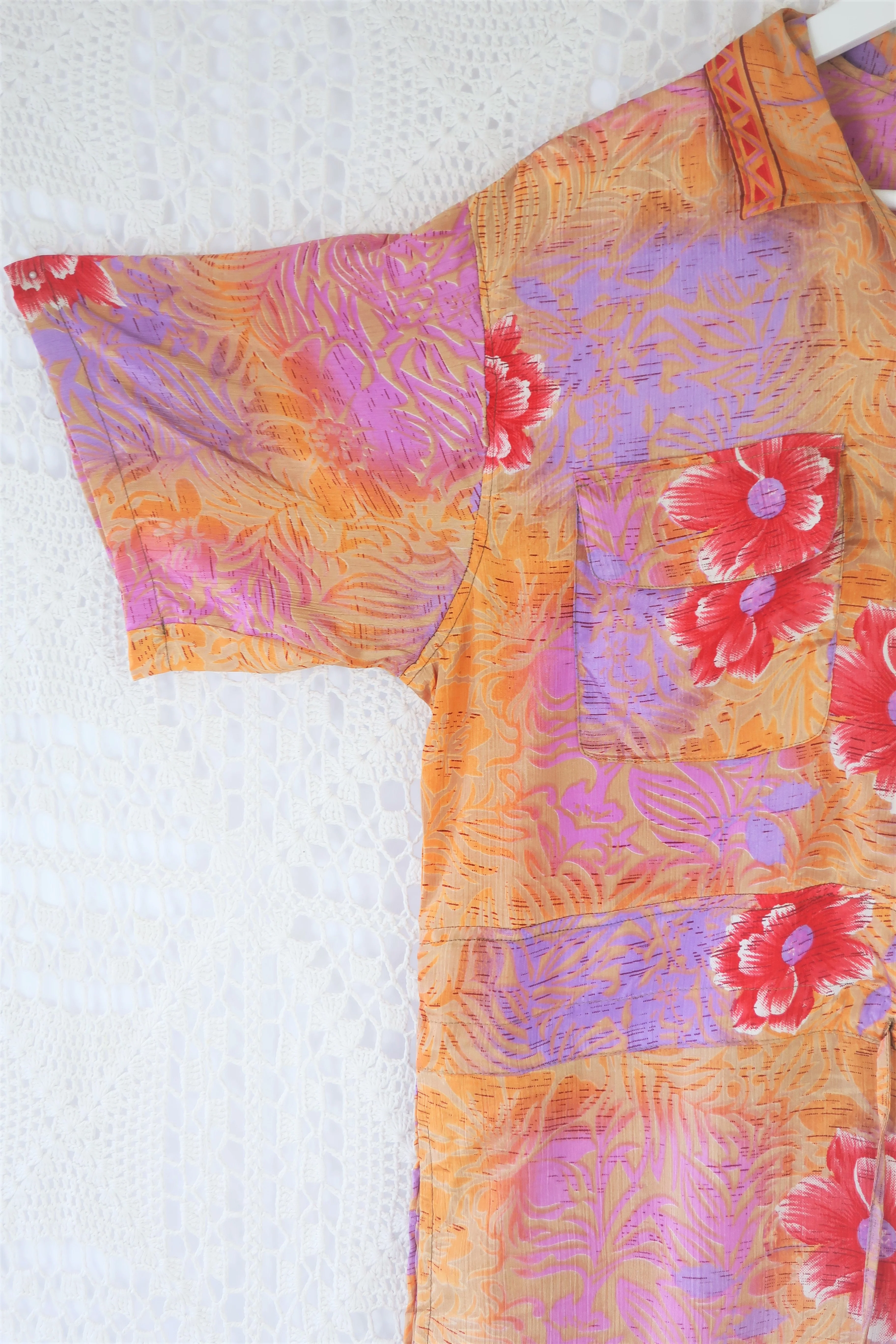 Billie Jumpsuit - Vintage Indian Sari - Peachy Sunset & Lilac Bold Floral - XL - Image 2