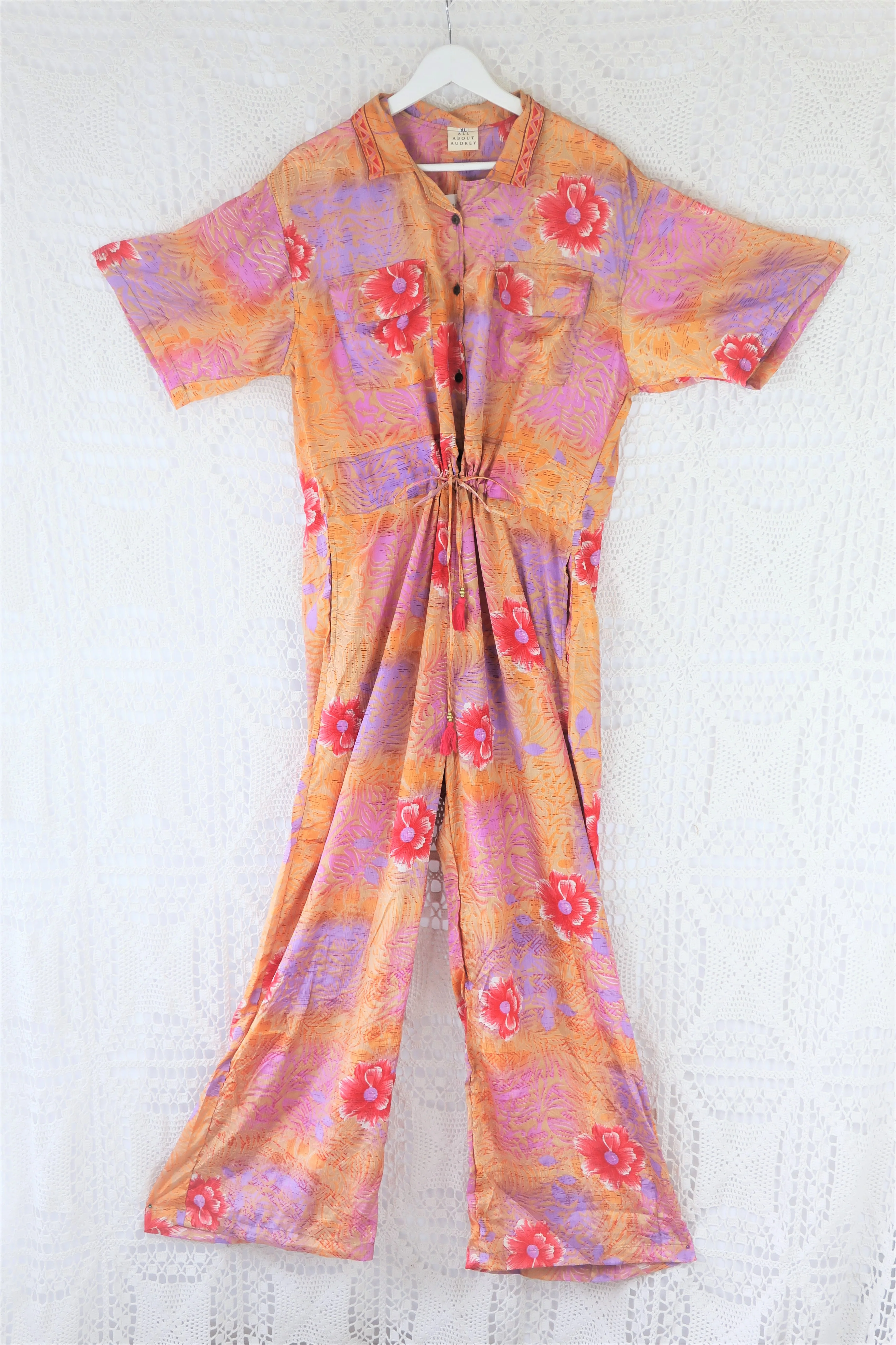 Billie Jumpsuit - Vintage Indian Sari - Peachy Sunset & Lilac Bold Floral - XL - Image 3