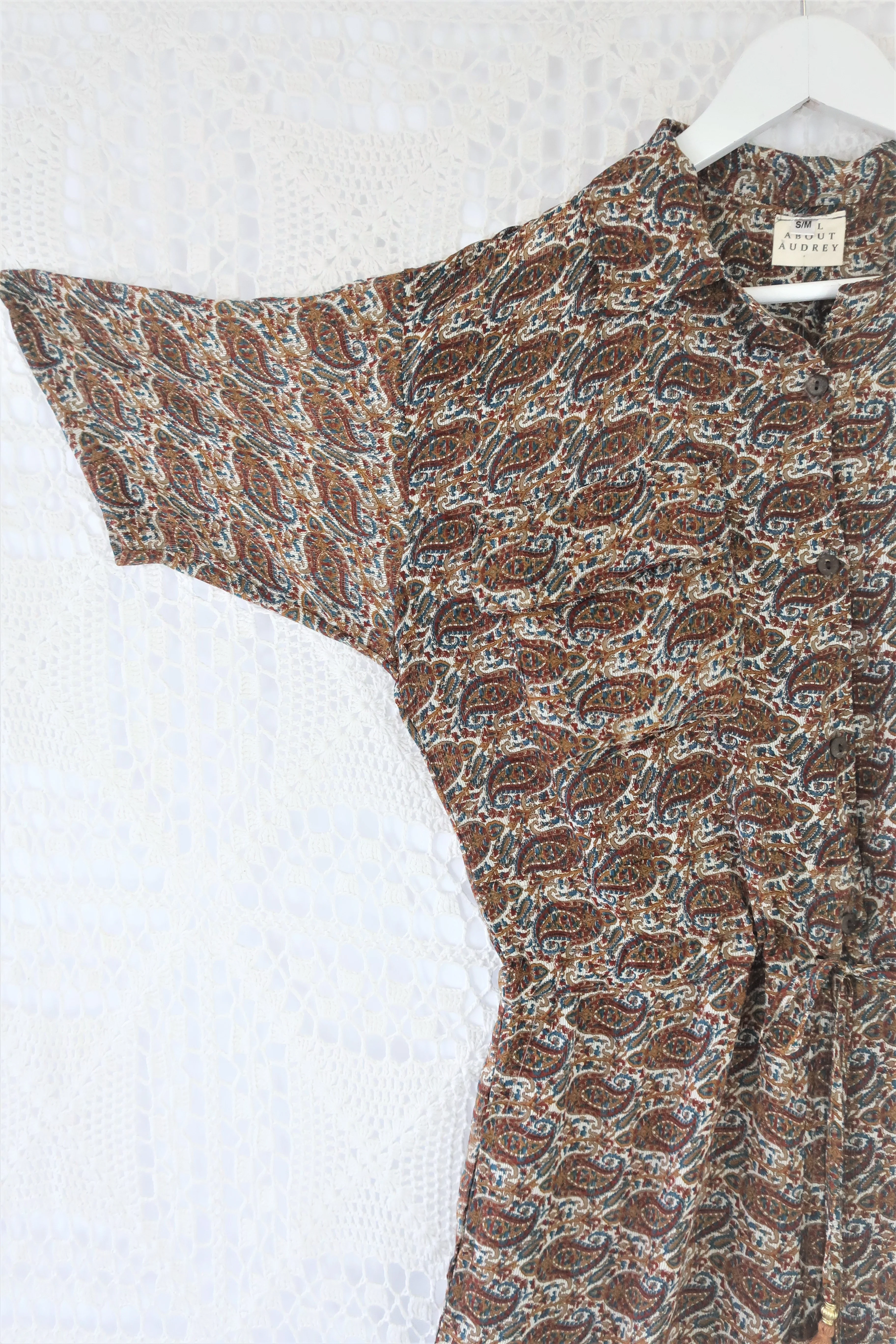 Billie Jumpsuit - Vintage Indian Sari - Garnet, Teal & Mustard Paisley - S/M - Image 2