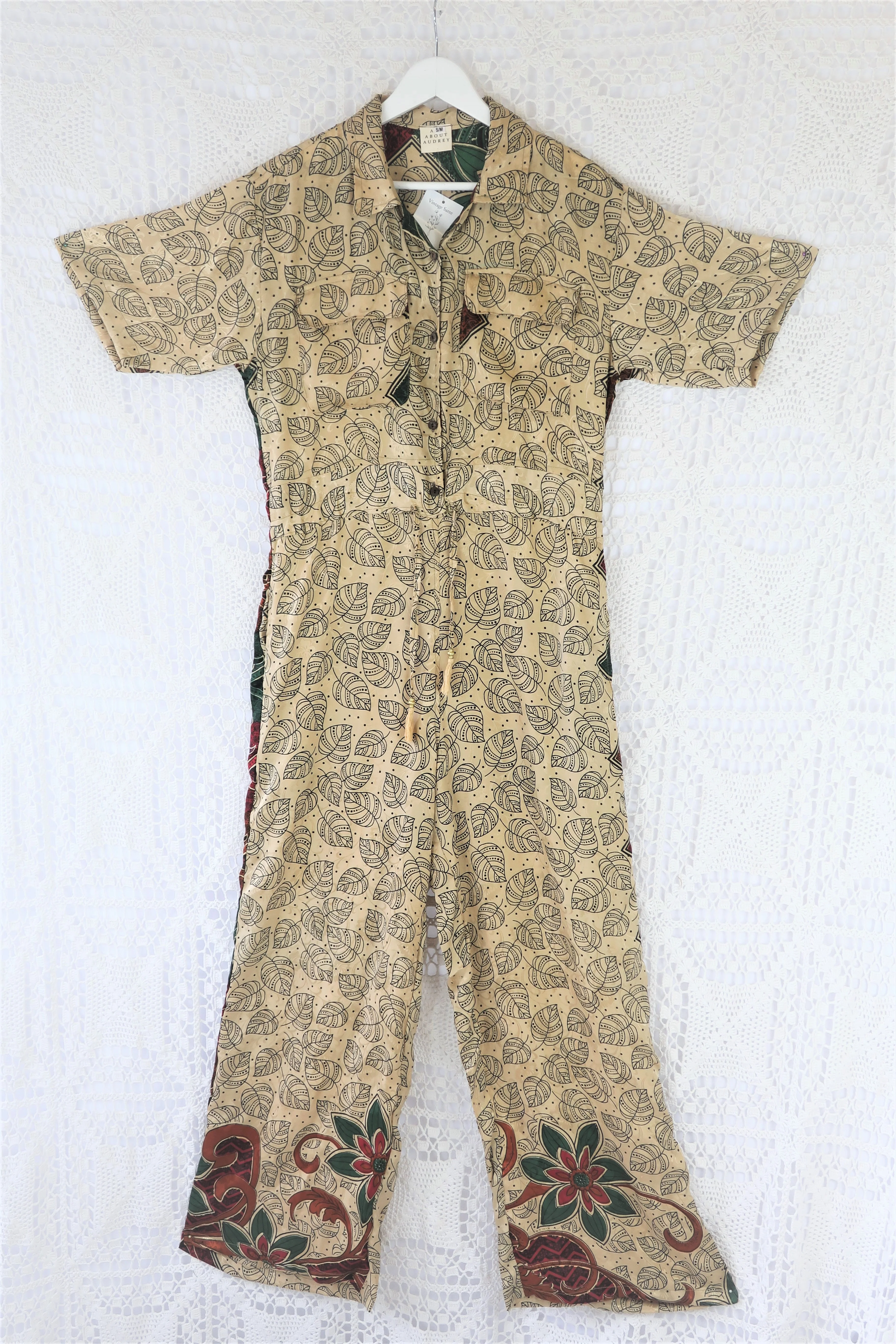 Billie Jumpsuit - Vintage Indian Sari - Antique Gold & Onyx Falling Leaves - S/M