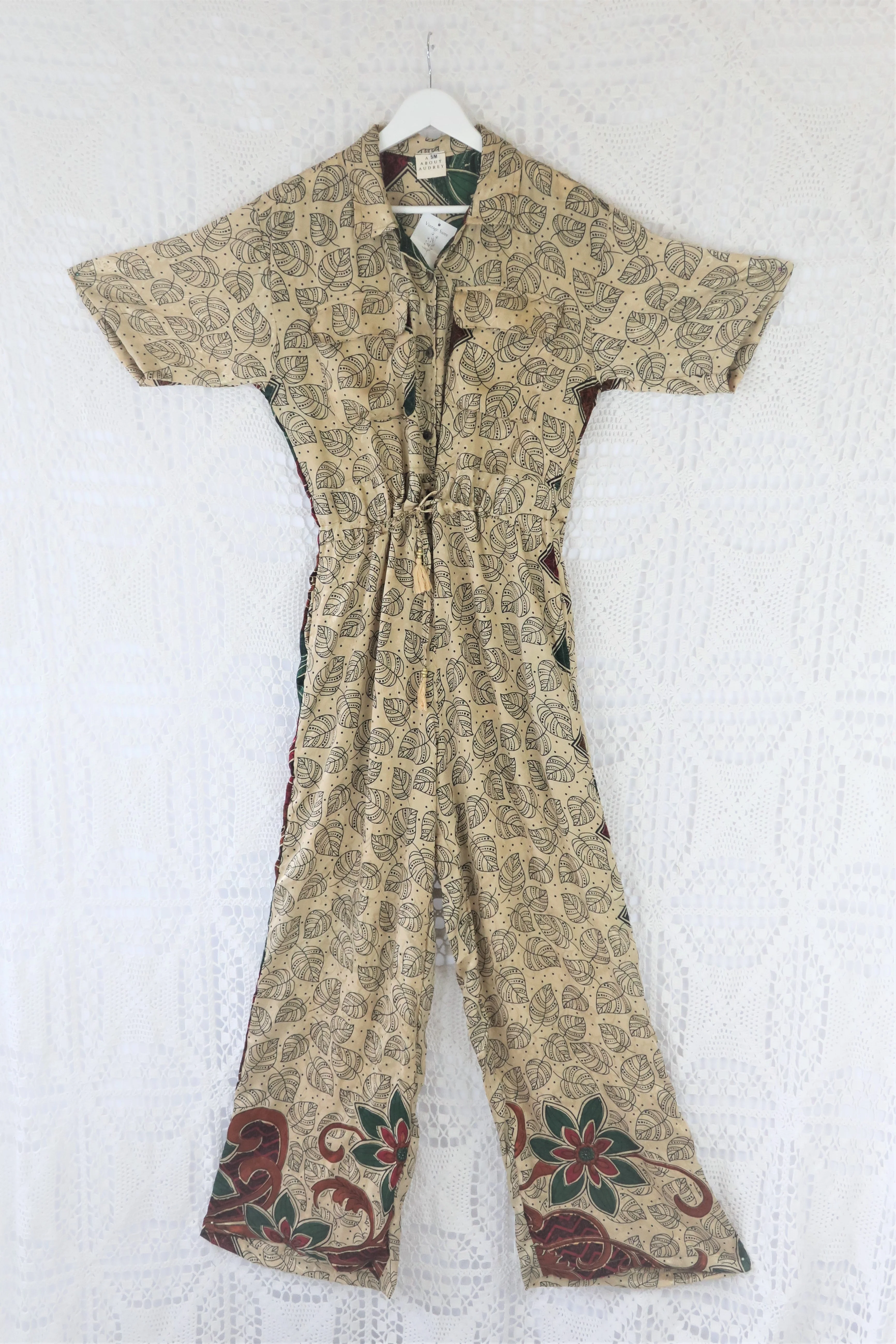 Billie Jumpsuit - Vintage Indian Sari - Antique Gold & Onyx Falling Leaves - S/M - Image 3
