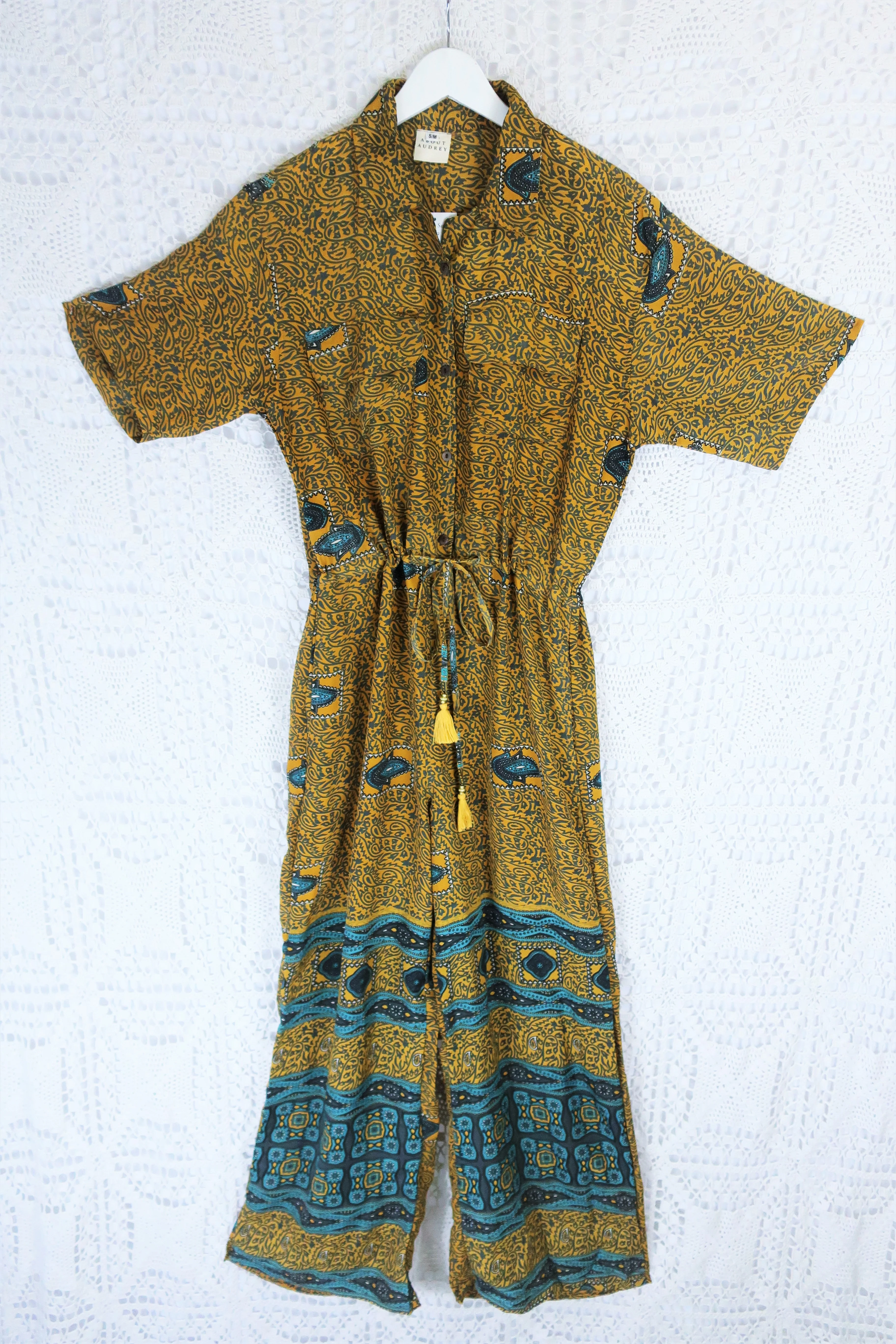 Billie Jumpsuit - Vintage Indian Sari - Mustard & Slate Paisley - S/M - Image 3
