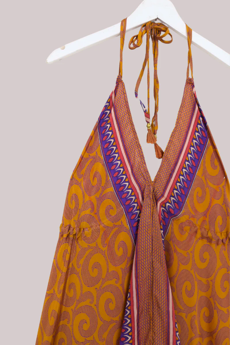 Blossom Halter Maxi Dress - Golden Yellow & Purple Swirl Print - Free Size M/L - Image 2