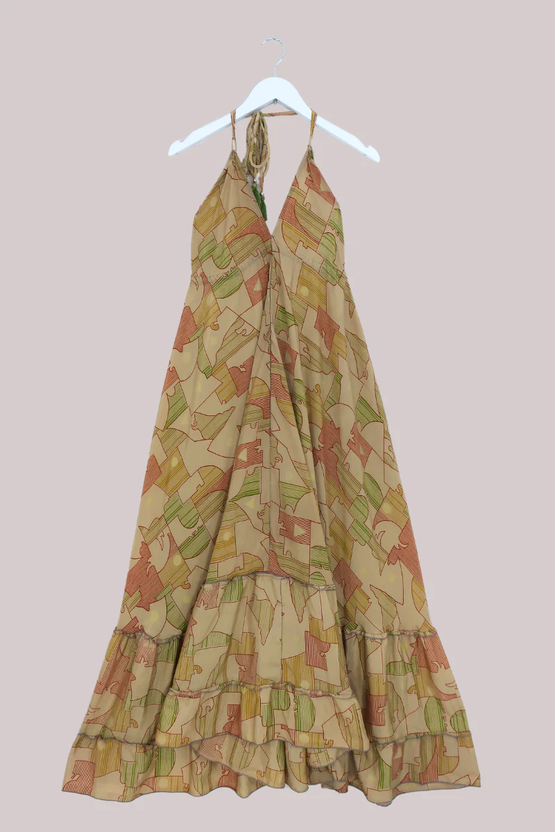 SALE | Blossom Halter Maxi Dress - Honey Beige Geometric - Free Size M/L