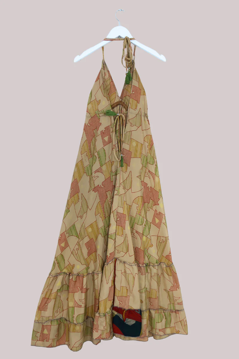 SALE | Blossom Halter Maxi Dress - Honey Beige Geometric - Free Size M/L - Image 3