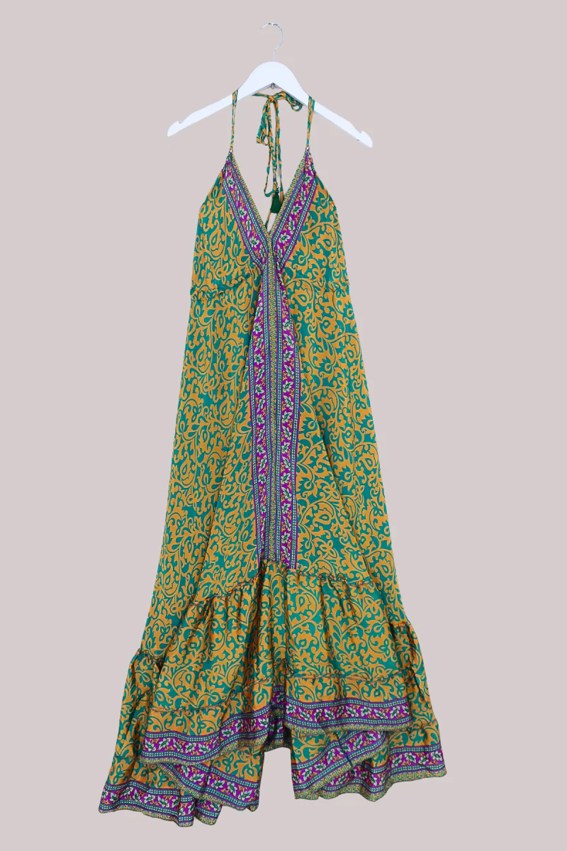 Blossom Halter Maxi Dress - Teal & Sun Swirl - Free Size M/L