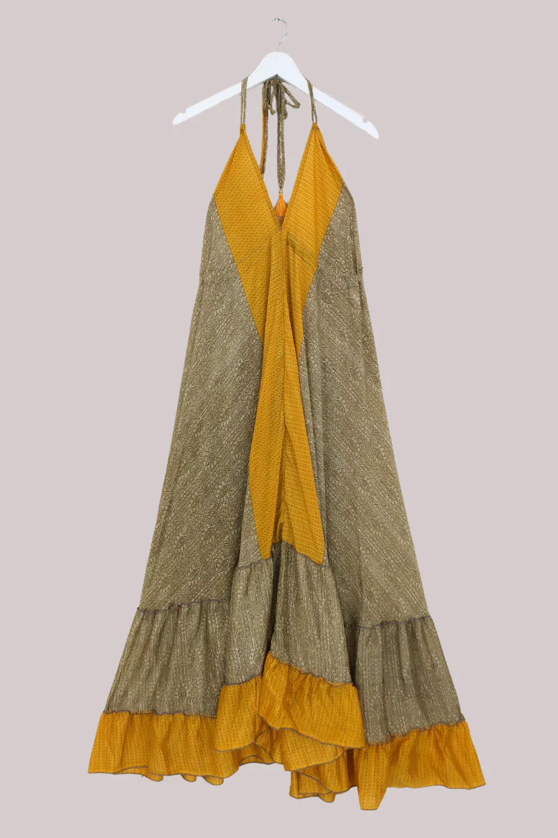 Blossom Halter Maxi Dress - Yellow & Sand Contrast Print - Free Size S/M