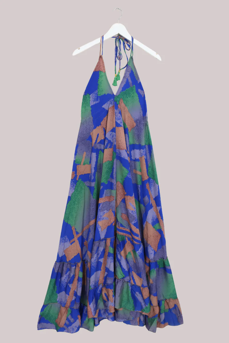 Blossom Halter Maxi Dress - Cobalt Blue & Green Brush Print  - Free Size S/M