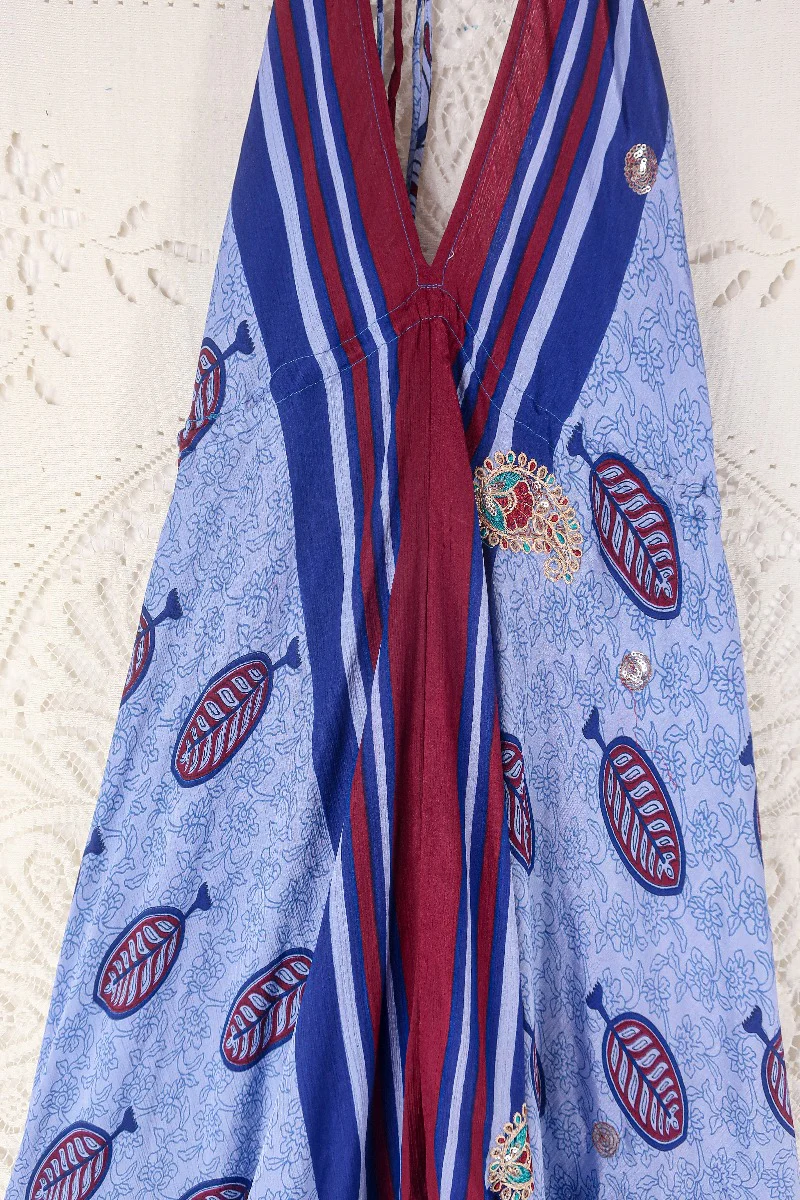Blossom Halter Maxi Dress - Vintage Sari - Embellished Tonal Violet Leaf Print - Free Size M/L - Image 2