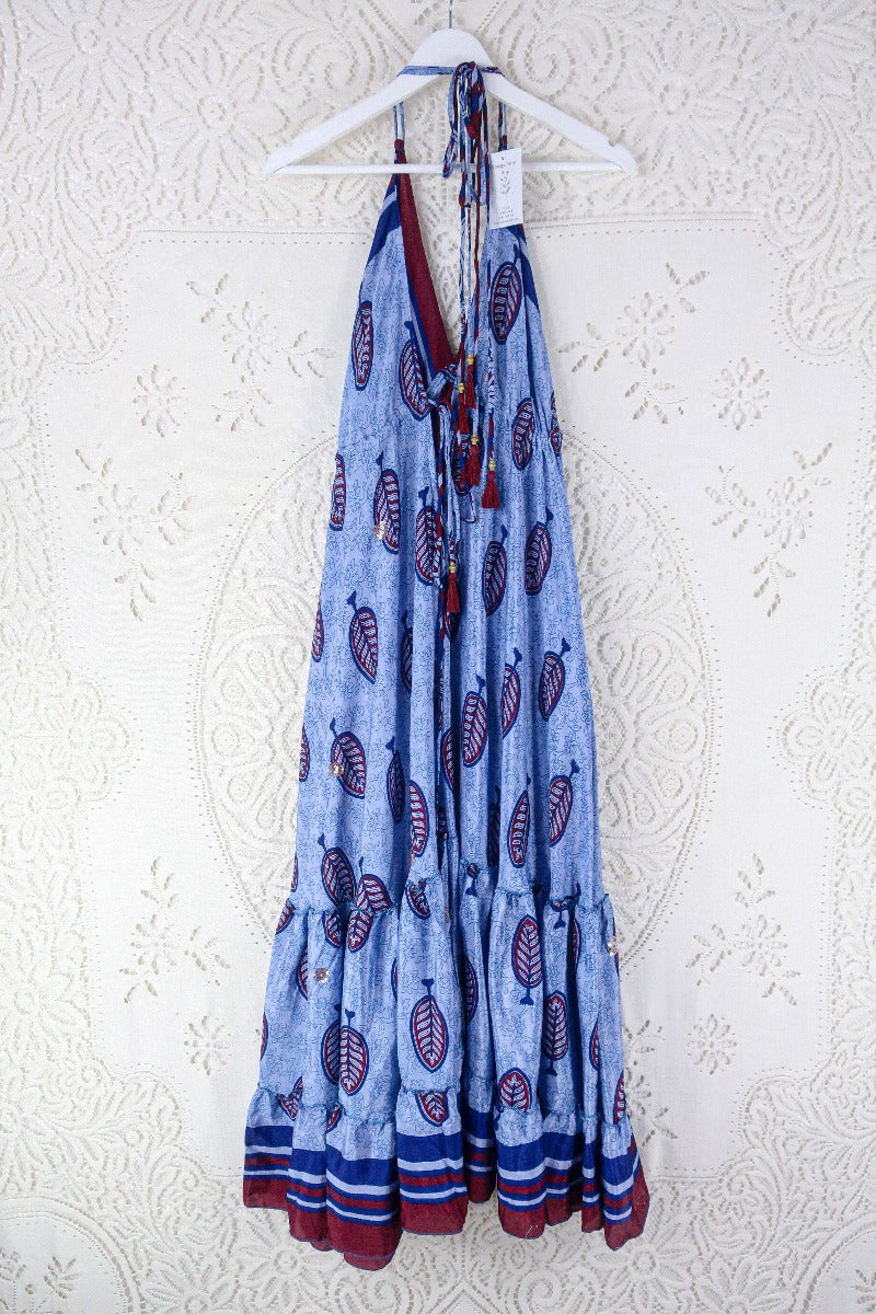 Blossom Halter Maxi Dress - Vintage Sari - Embellished Tonal Violet Leaf Print - Free Size M/L - Image 3