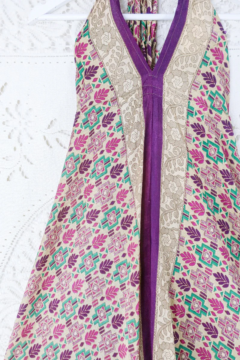 Blossom Halter Maxi Dress - Vintage Sari - Champagne, Plum & Green Mosaic - Free Size M/L - Image 2