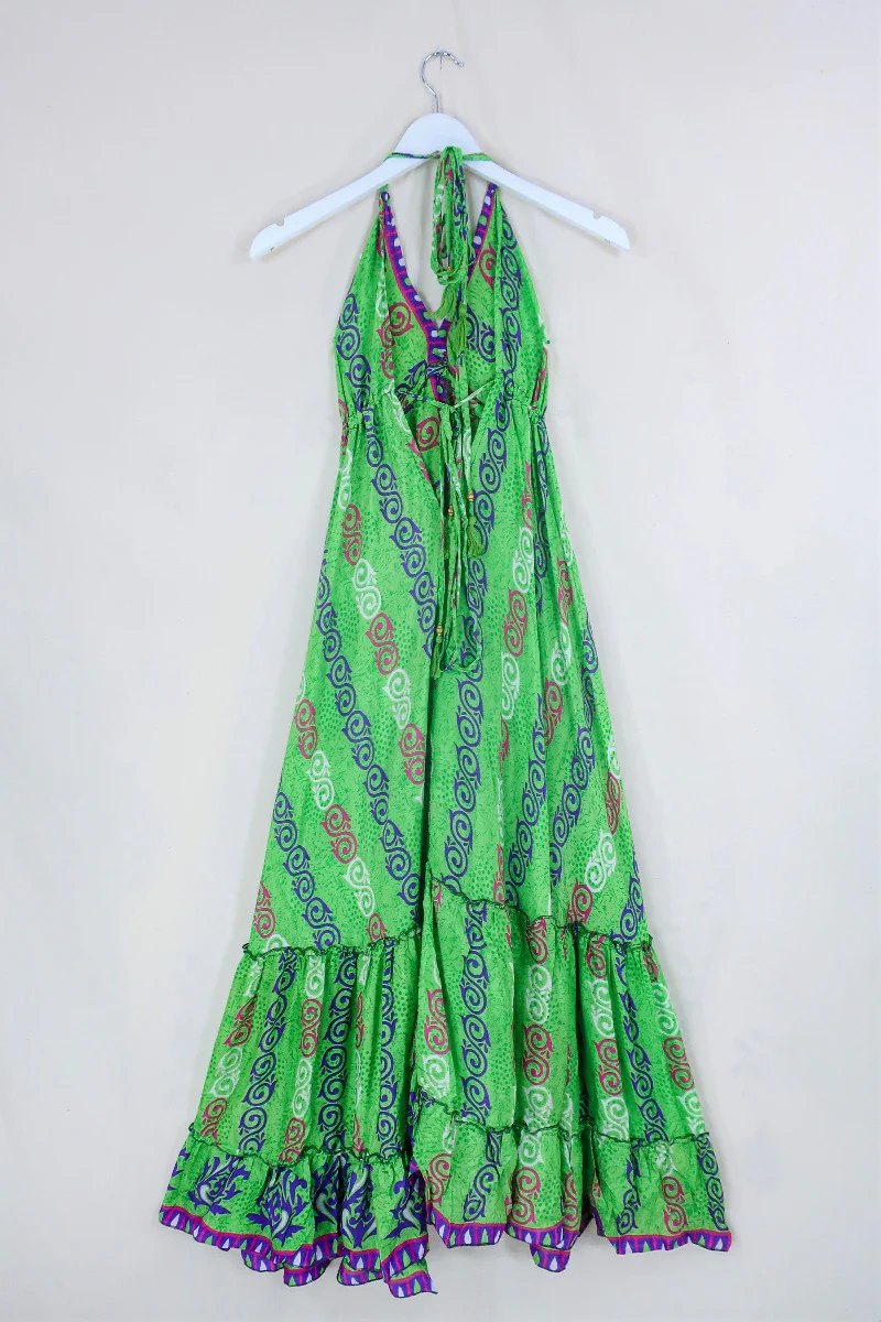 Blossom Halter-Neck Maxi Dress - Parakeet Green & Purple Swirls - Free Size S/M - Image 3
