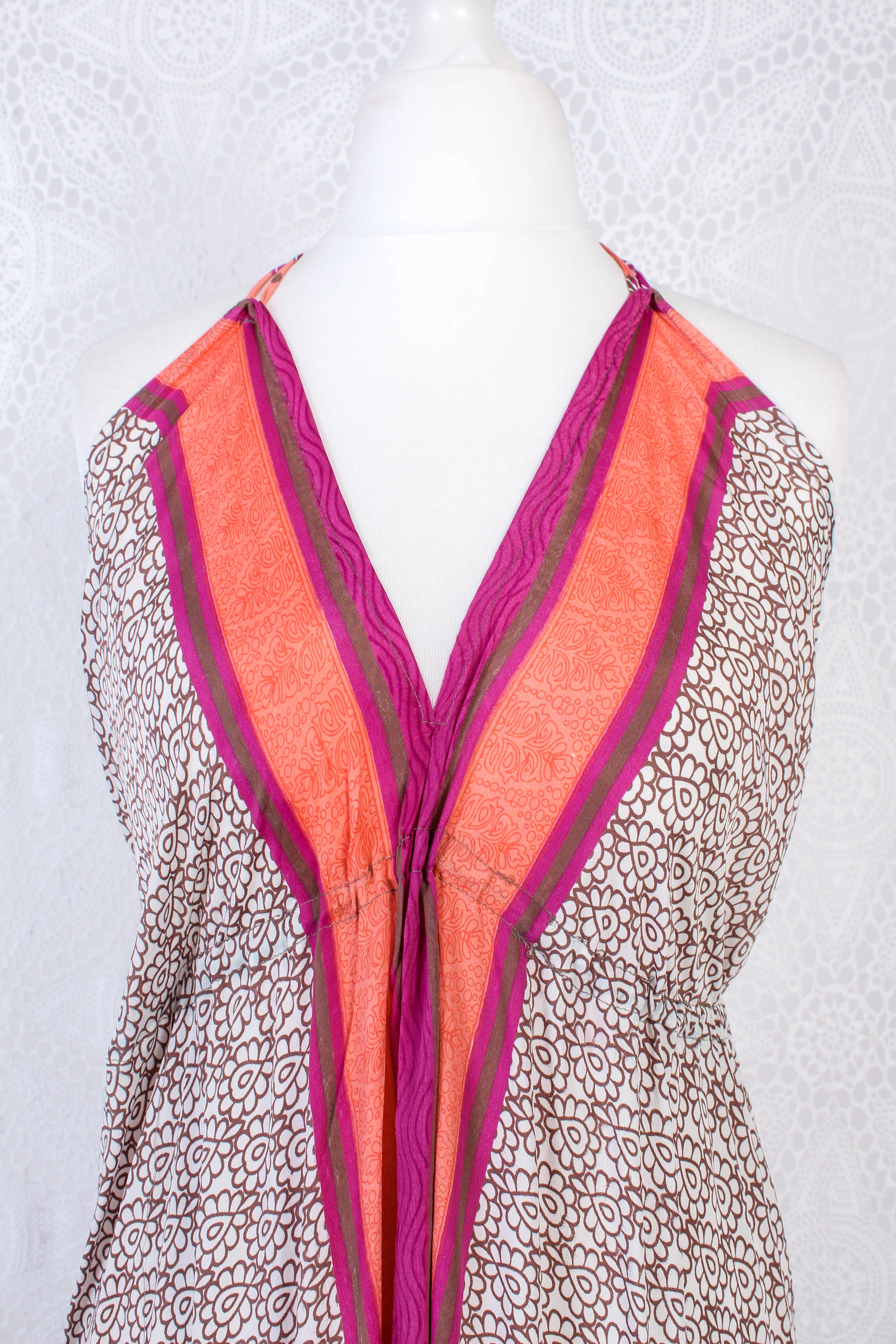 Blossom Halter-Neck Maxi Dress - Cream, Peach & Pink Sari (Free Size) - Image 3