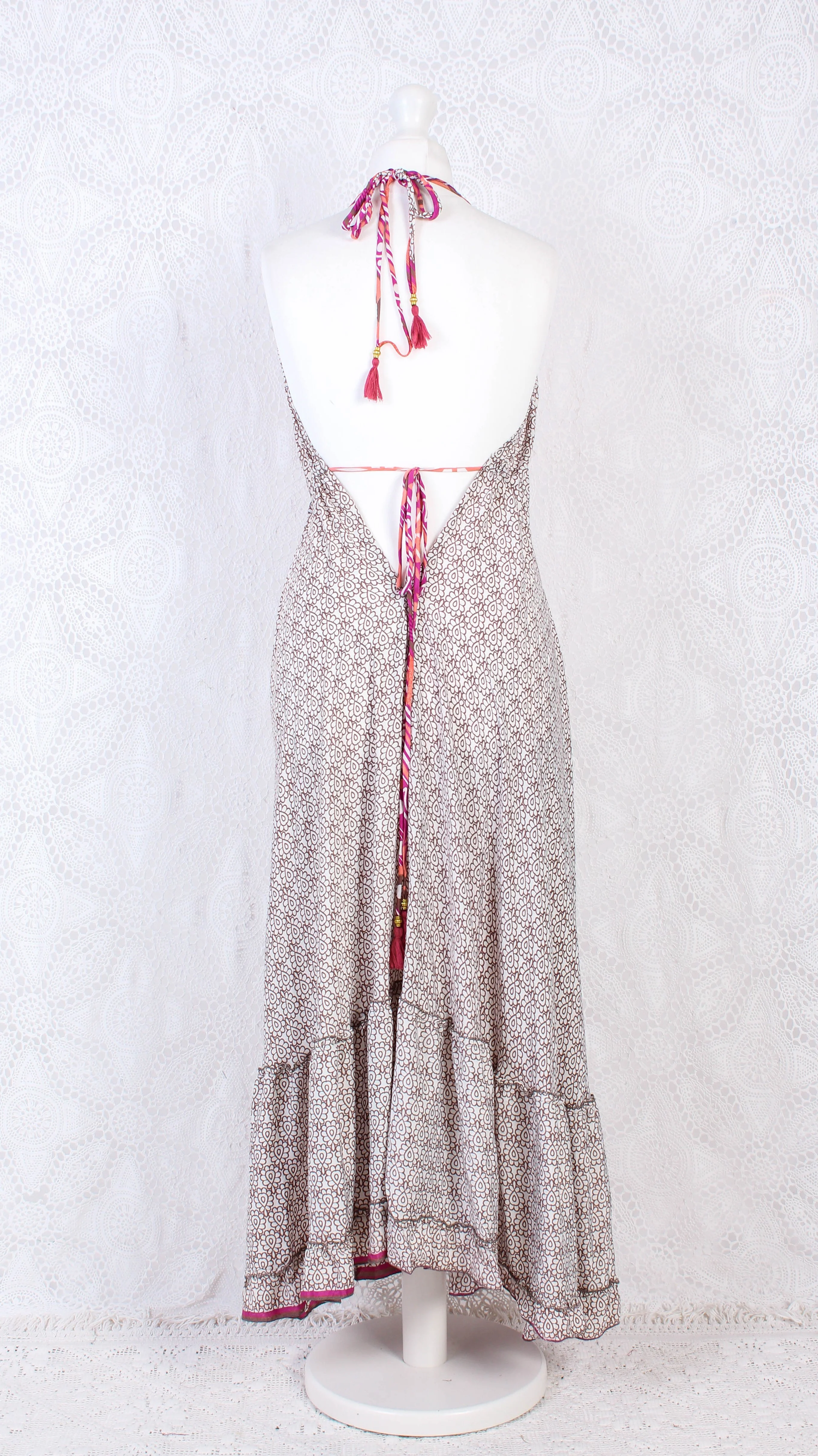 Blossom Halter-Neck Maxi Dress - Cream, Peach & Pink Sari (Free Size) - Image 4