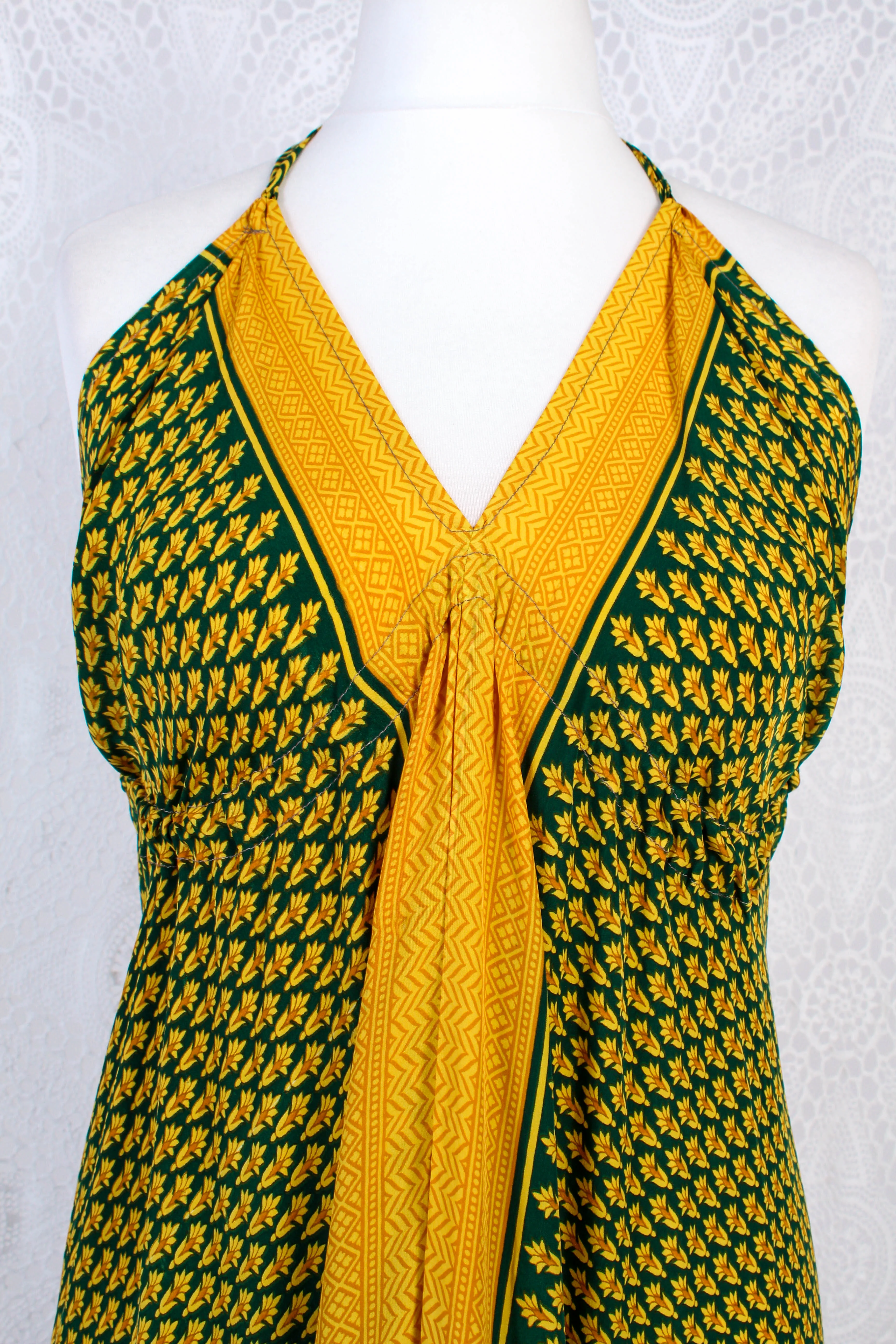 Blossom Halter-Neck Maxi Dress - Yellow & Dark Green Floral Sari (Free Size) - Image 3