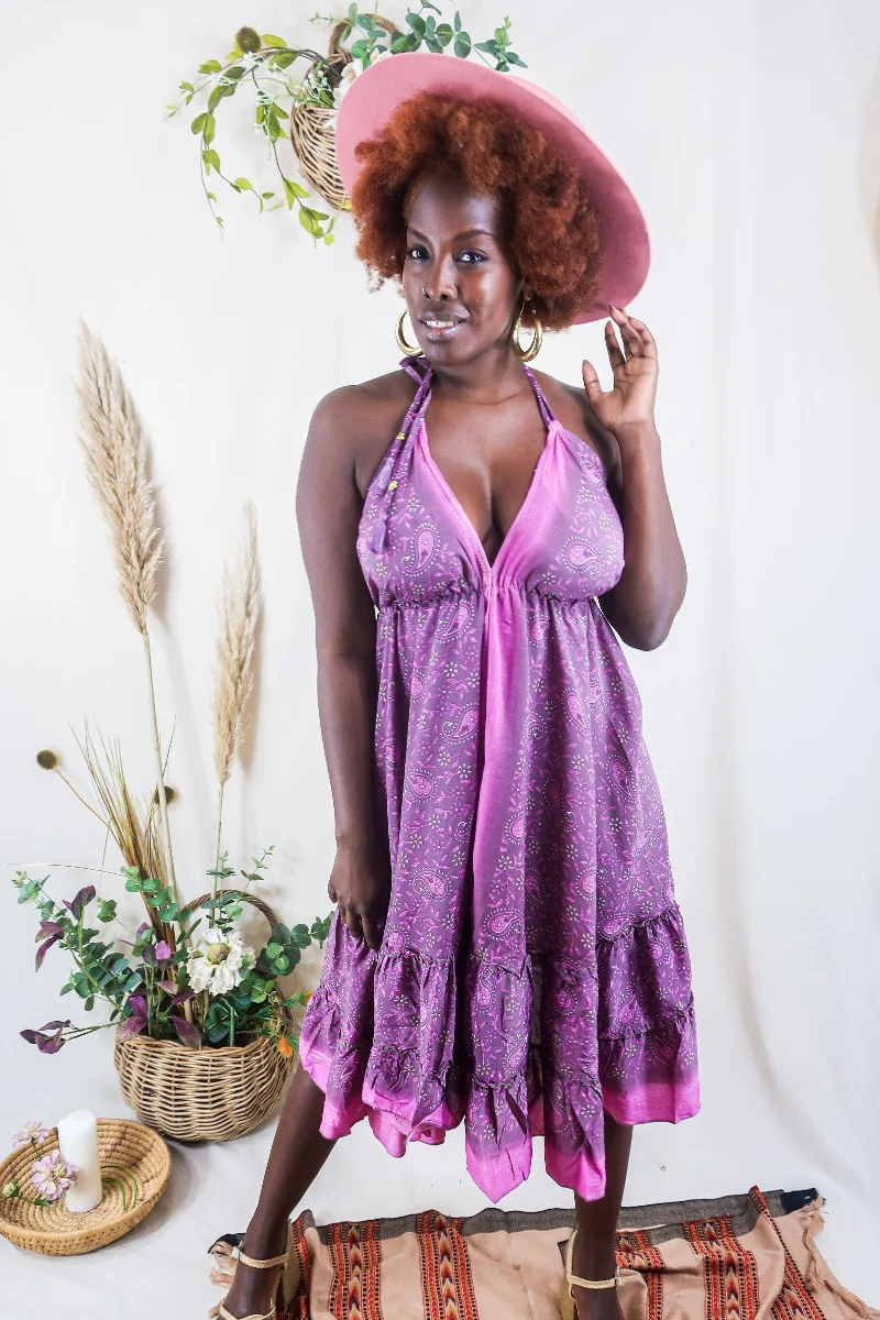 Blossom Halter-Neck Midi Dress - Mauve & Bubble Gum Paisley Flora - Free Size L - Image 3