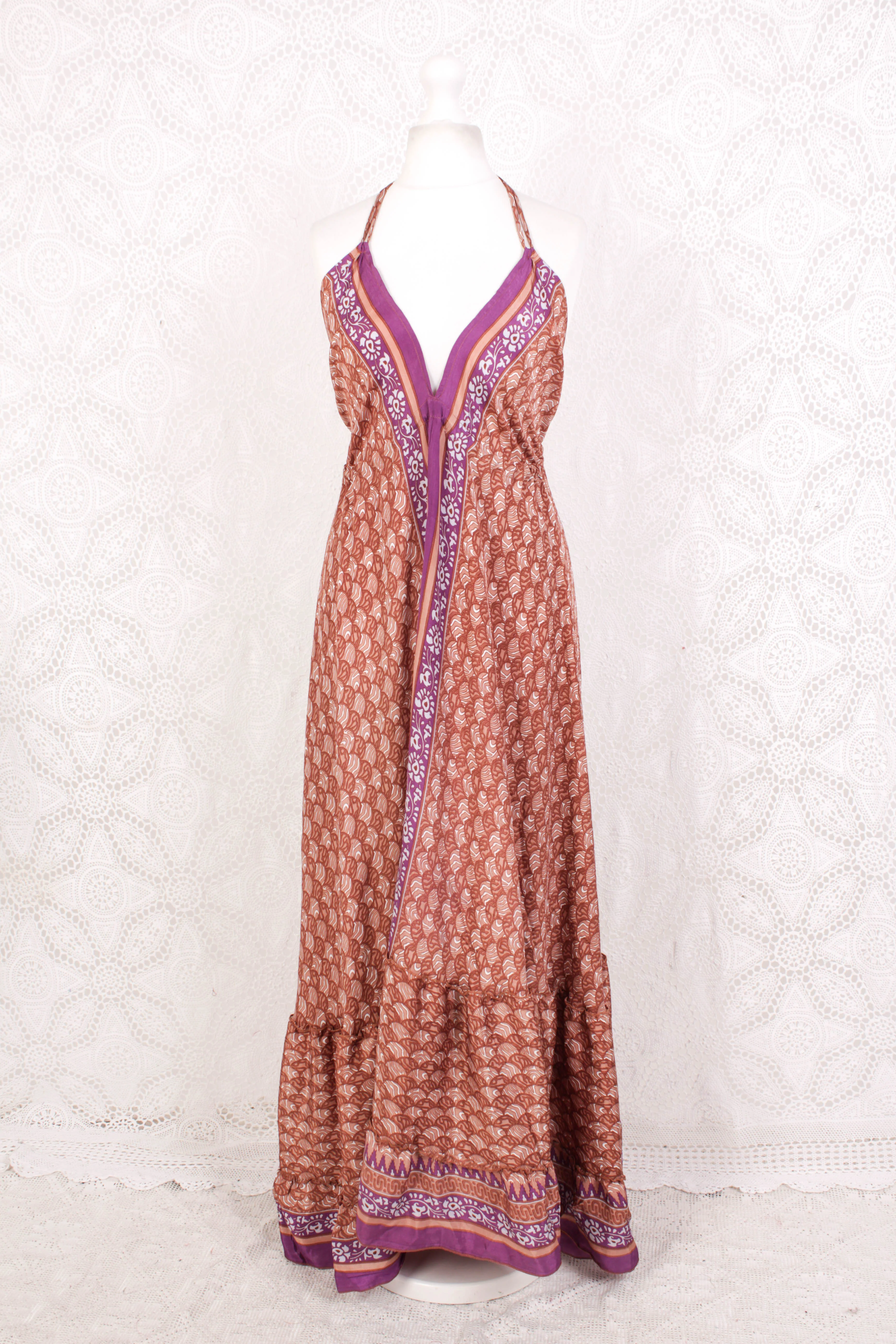 Blossom Maxi Halter Dress - Vintage Indian Sari - Soft Clay & Purple Graphic Print - Free Size - Image 2