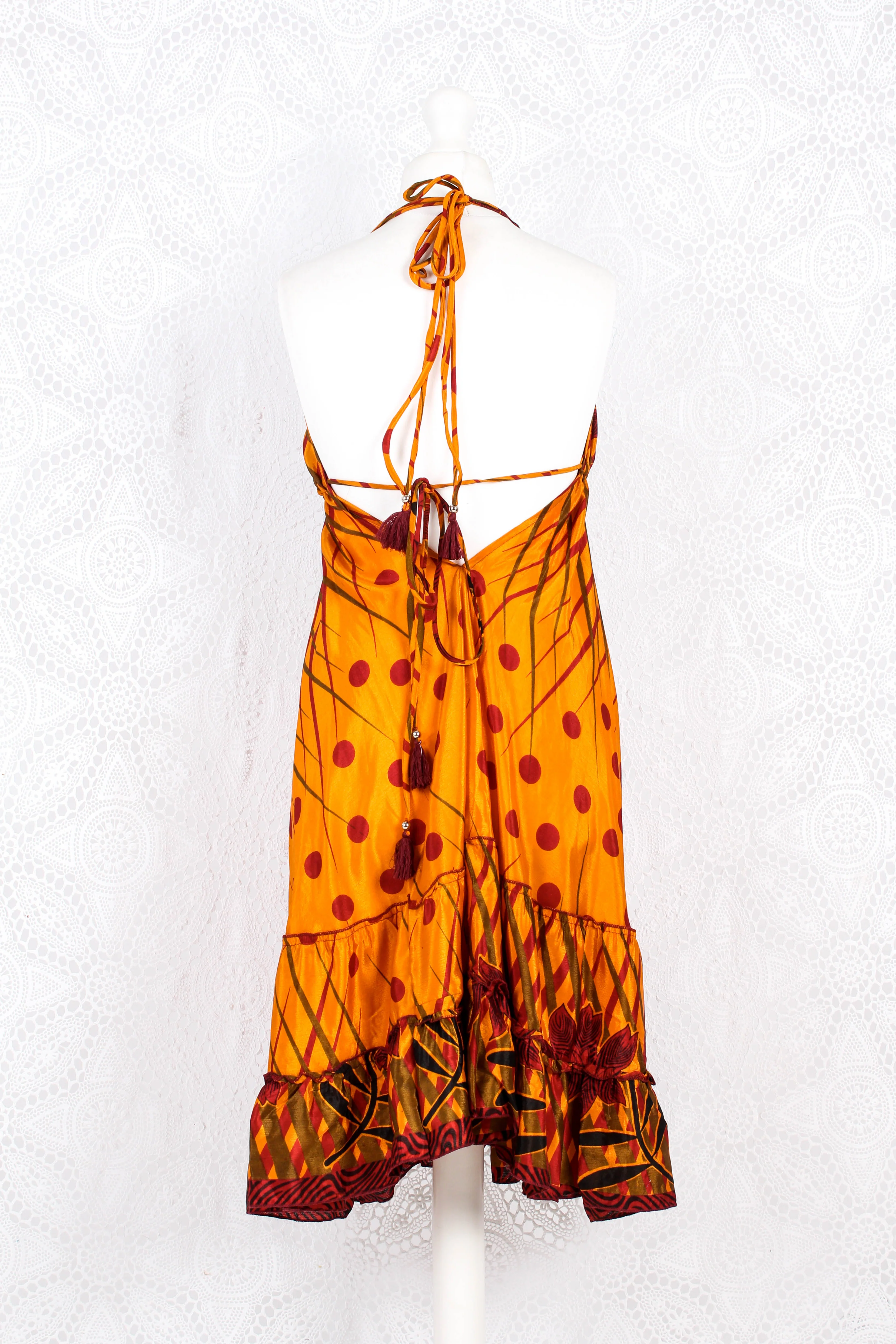 Blossom Mini Halter Dress - Vintage Indian Sari - Amber & Garnet Flower - M/L - Image 3