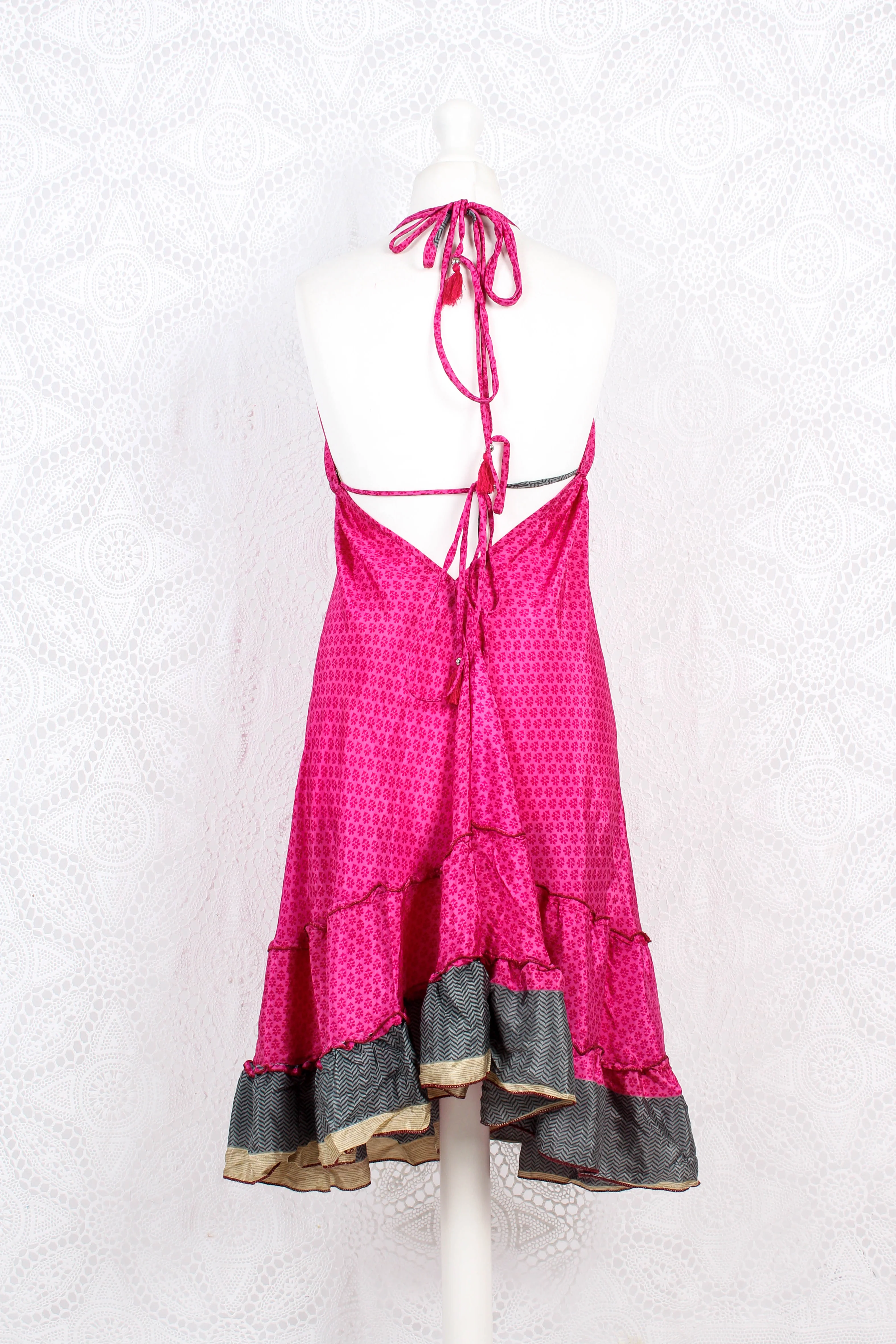 Blossom Mini Halter Dress - Vintage Indian Sari - Hot Pink Floral - M/L - Image 3