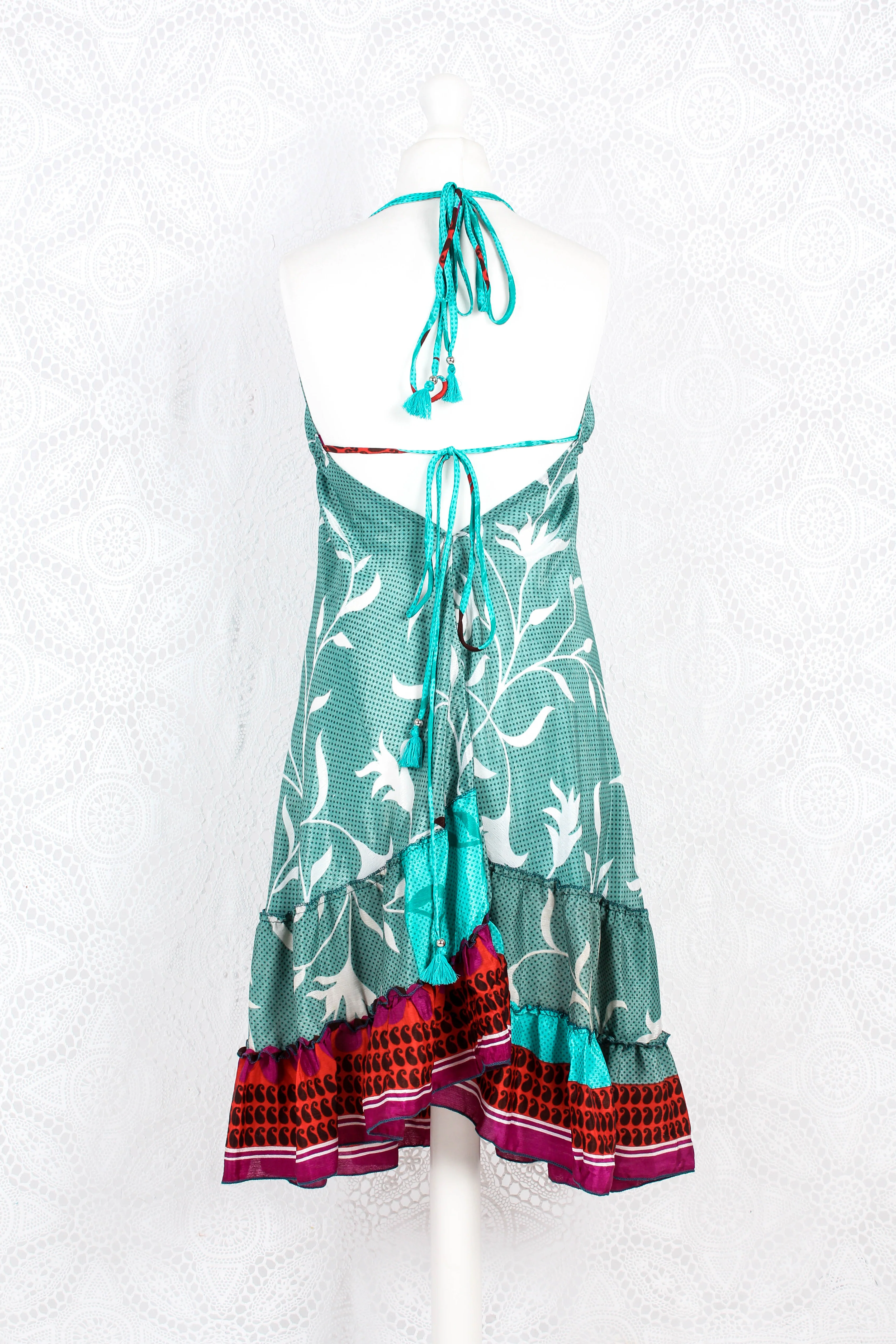 Blossom Mini Halter Dress - Vintage Indian Sari - Sheer Ocean Blue Paisley - M/L - Image 3