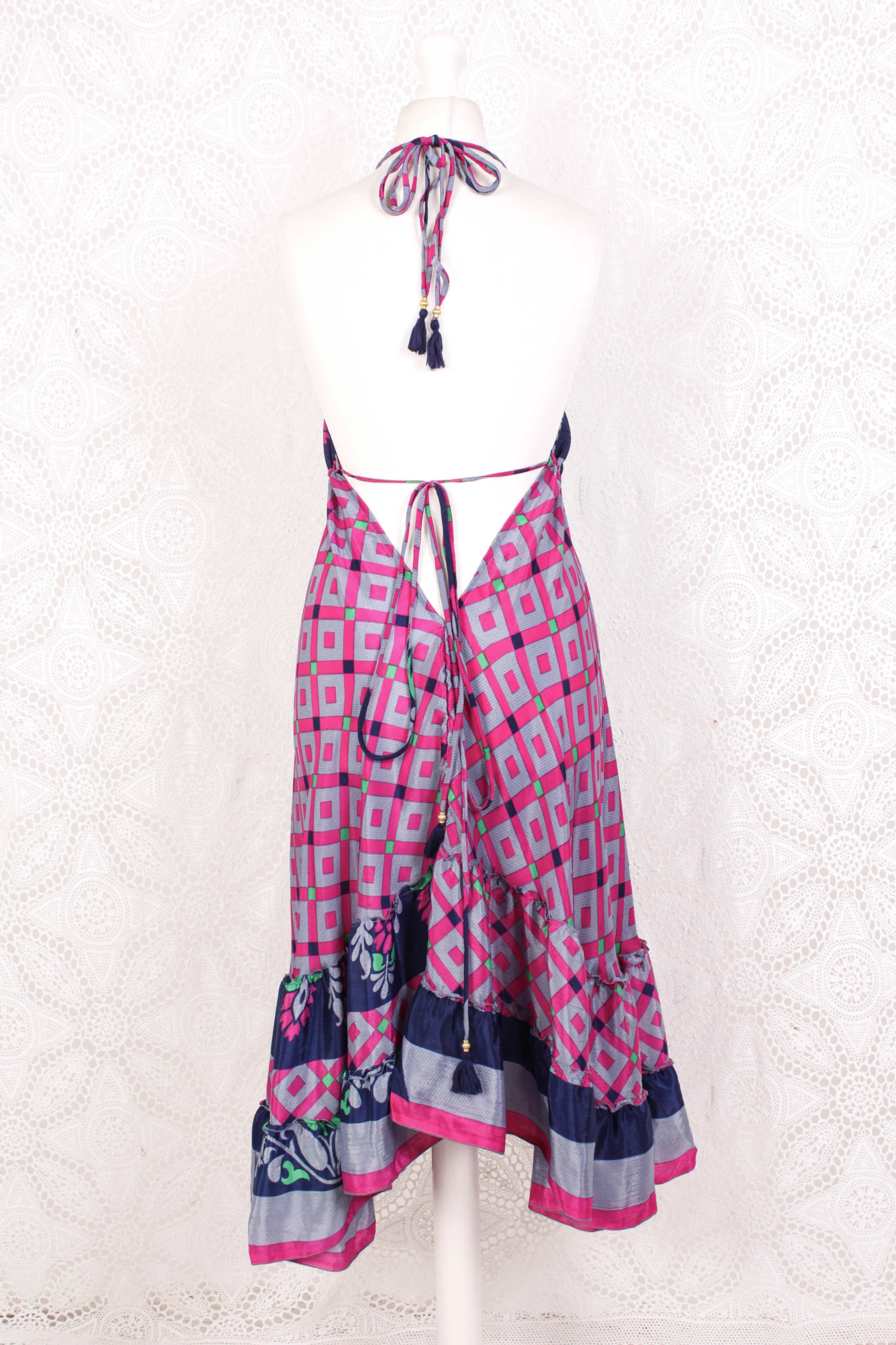 Blossom Mini Halter Dress - Vintage Indian Sari - Moonlight, Inky Blue & Pink Graphic - XL - Image 3