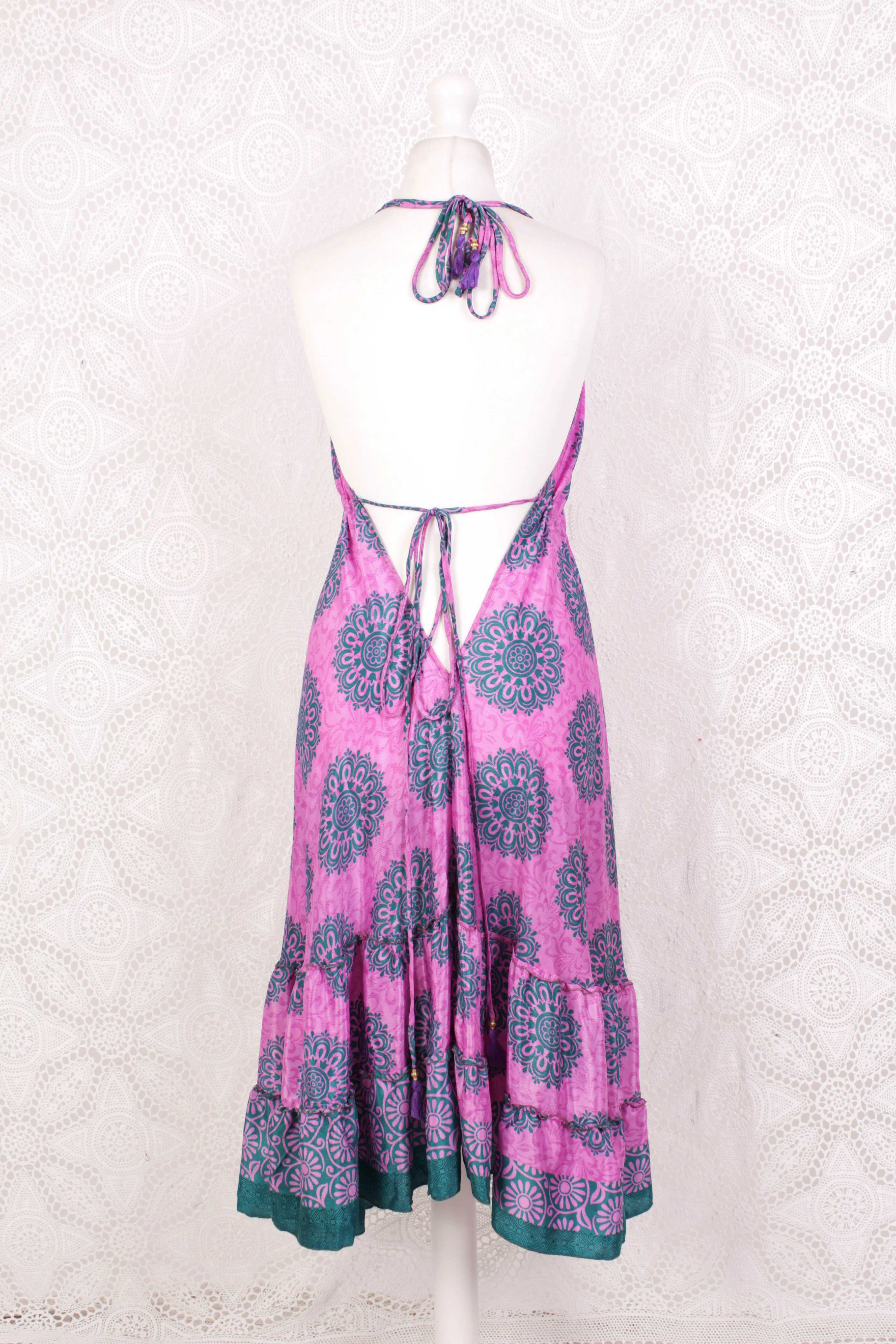 Blossom Mini Halter Dress - Vintage Indian Sari - Pink Rose & Teal Floral Motif - XL - Image 3