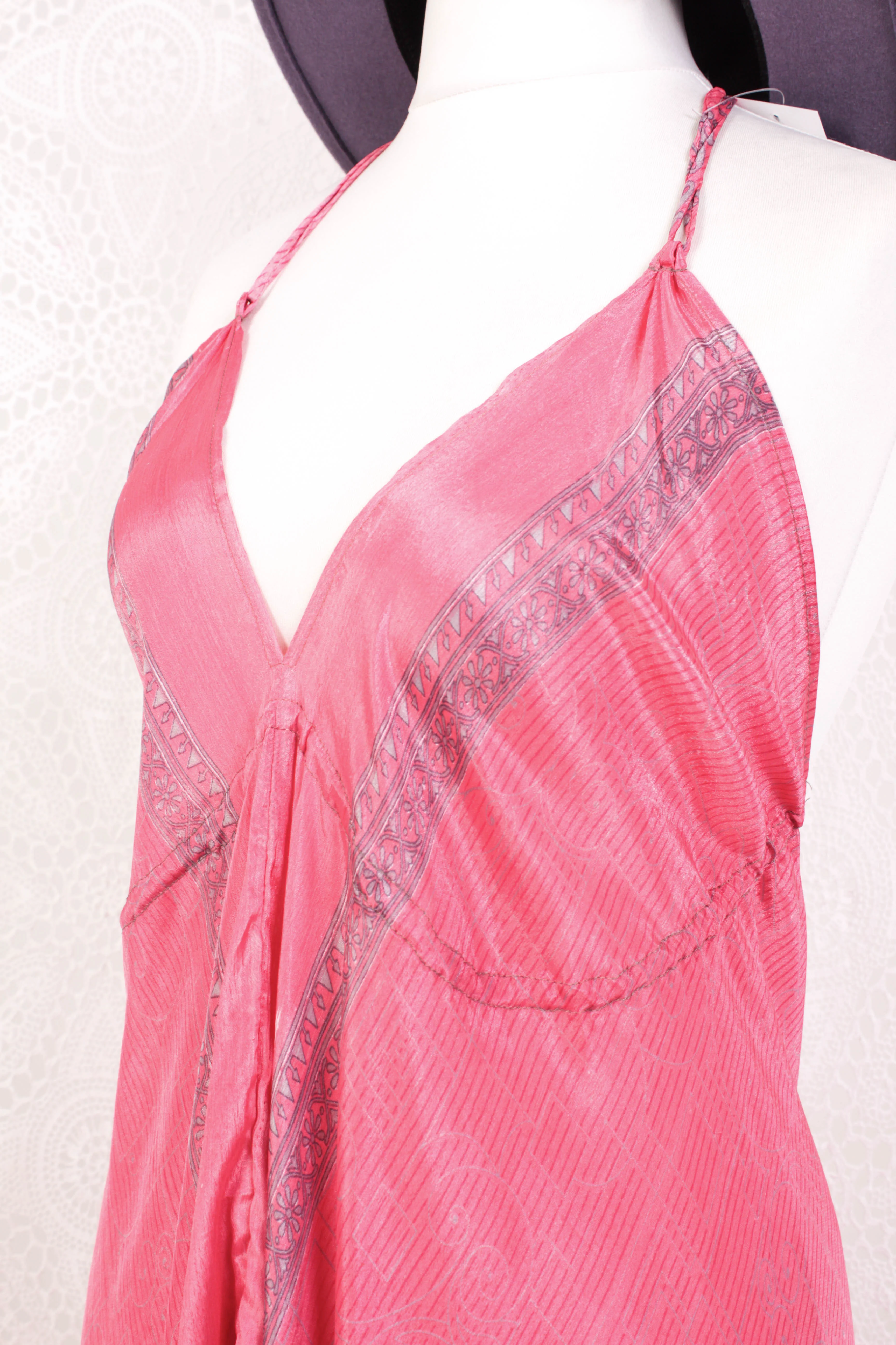 Blossom Mini Halter Dress - Vintage Indian Sari - Sweet Pink & Silver Print - XL - Image 4