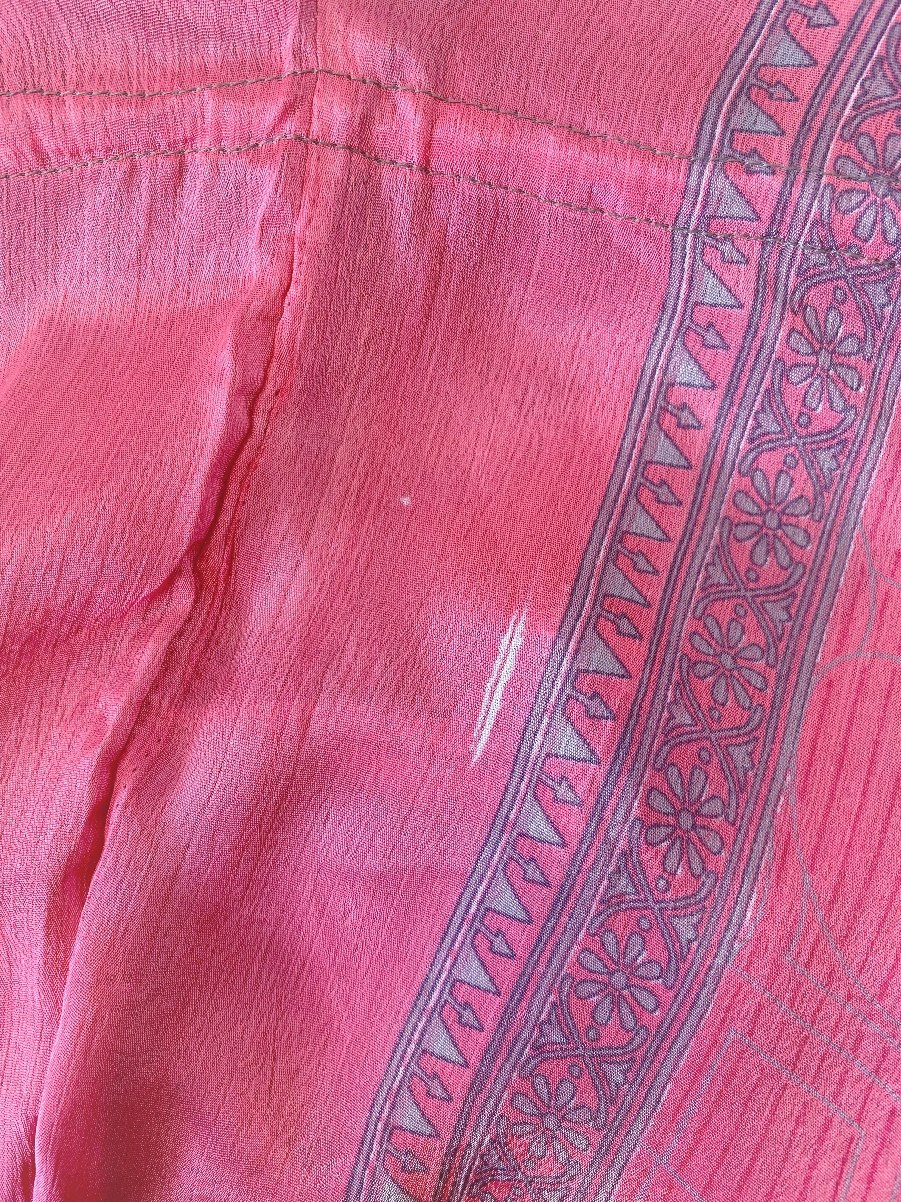 Blossom Mini Halter Dress - Vintage Indian Sari - Sweet Pink & Silver Print - XL - Image 5