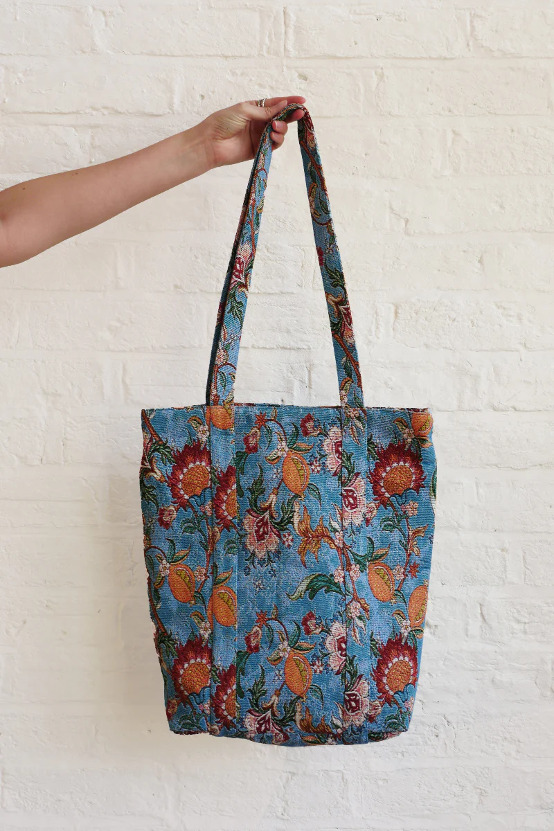 Blue Georgian Floral Tapestry Tote Bag