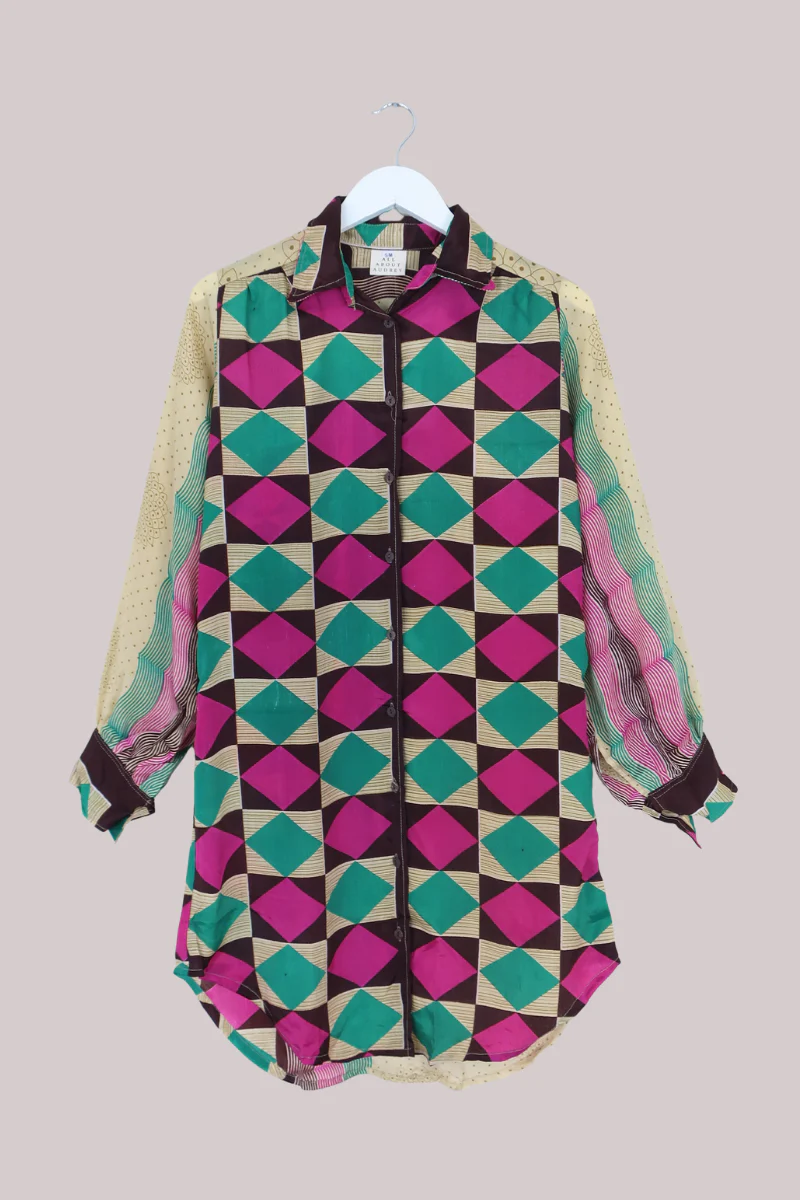 Bonnie Shirt Dress - Cerise & Turquoise Diamonds - Size L