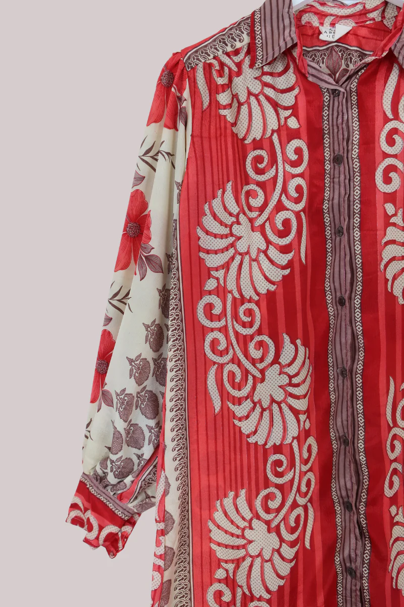 Bonnie Shirt Dress - Vintage Beige & Scarlet - Size L/XL - Image 2