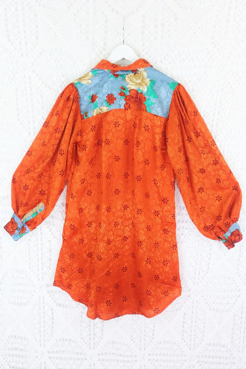 Bonnie Shirt Dress - Vintage Indian Sari - Copper Red Shimmer Floral (M/L) - Image 3