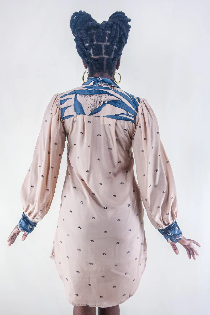 Bonnie Shirt Dress - Dusty Pink Leaves - Vintage Indian Sari - Free Size S/M - Image 3
