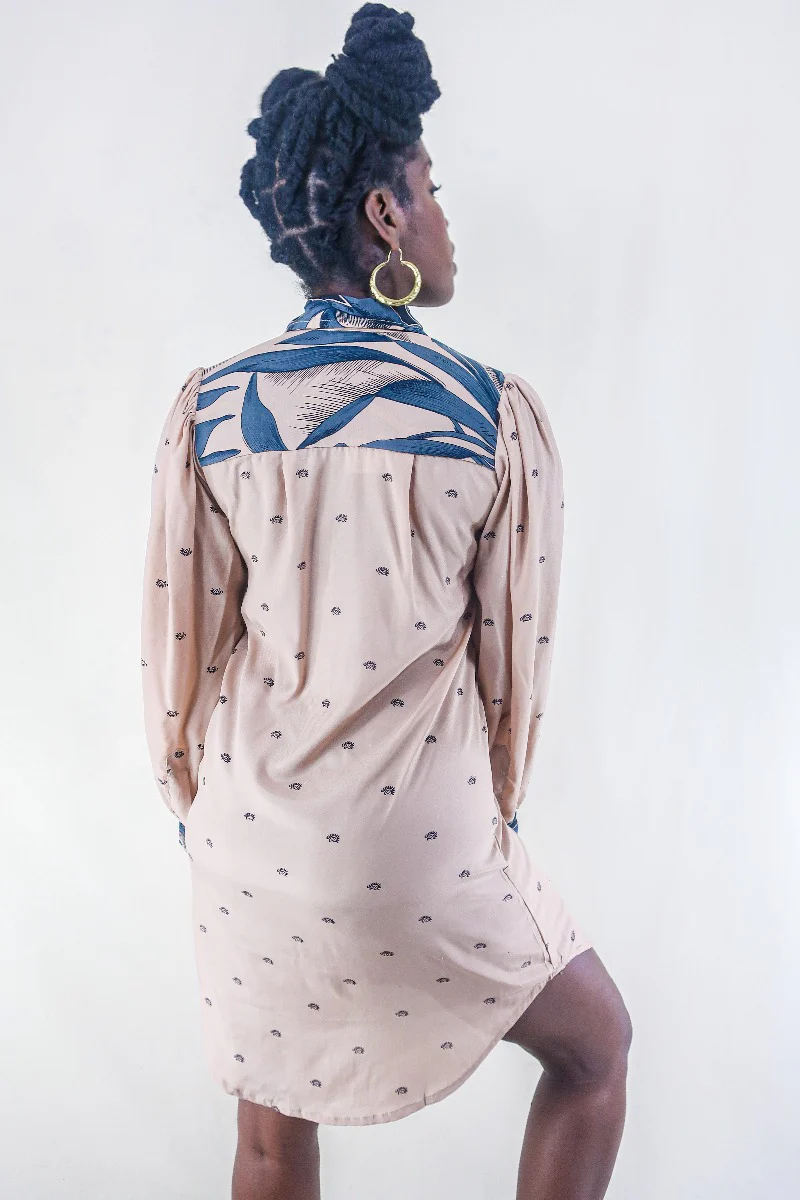 Bonnie Shirt Dress - Dusty Pink Leaves - Vintage Indian Sari - Free Size S/M - Image 4