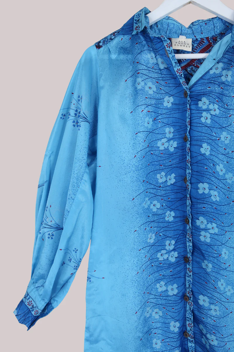Bonnie Shirt Dress - Fountain Blue Daisies - Vintage Indian Sari - Free Size S/M - Image 2