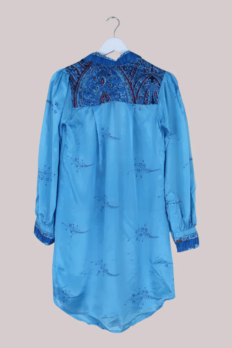 Bonnie Shirt Dress - Fountain Blue Daisies - Vintage Indian Sari - Free Size S/M - Image 3