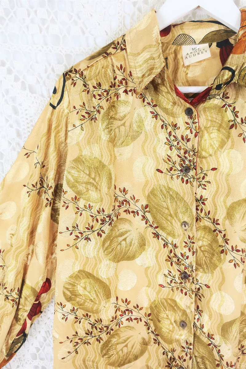 Bonnie Shirt Dress - Vintage Indian Sari - Gold Autumnal Floral (M/L) - Image 2