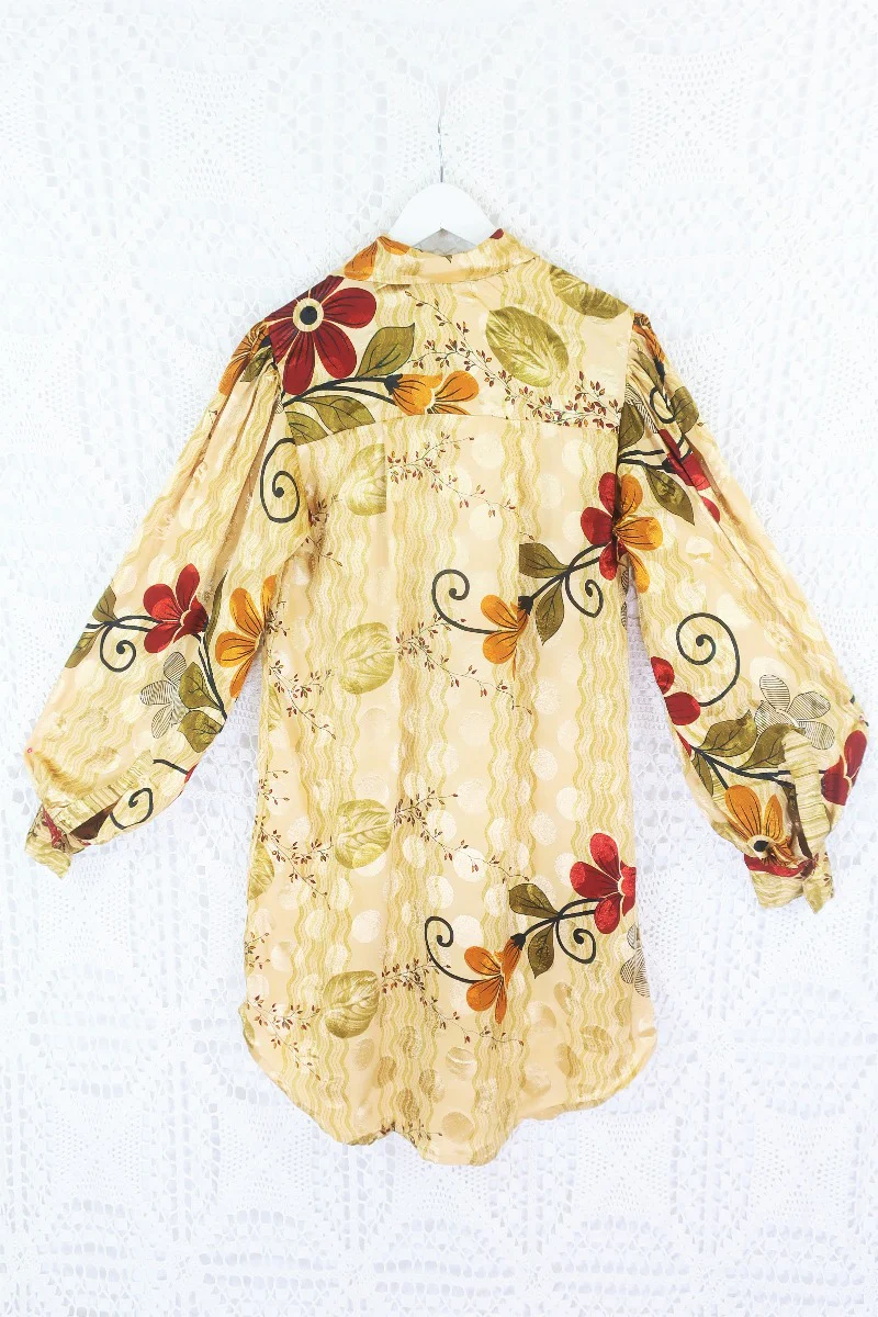 Bonnie Shirt Dress - Vintage Indian Sari - Gold Autumnal Floral (M/L) - Image 3