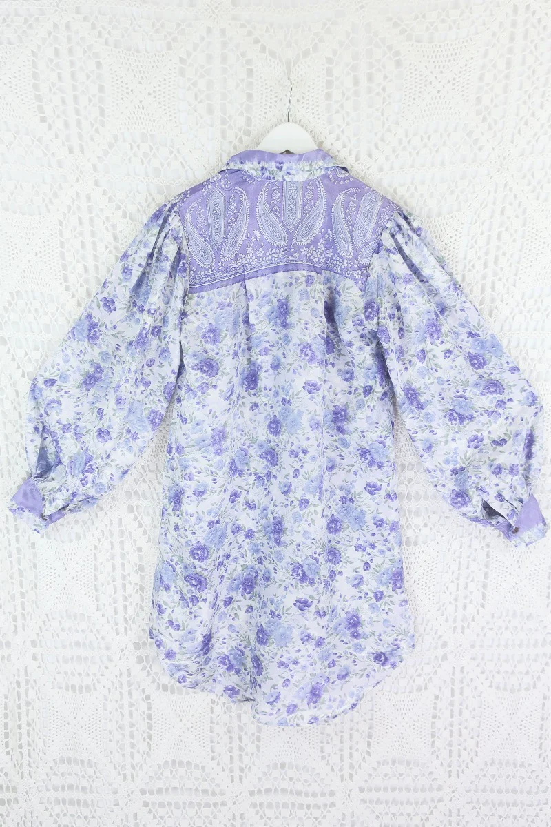 Bonnie Shirt Dress - Vintage Indian Sari - Lavender & Sage Wildflower (M/L) - Image 3