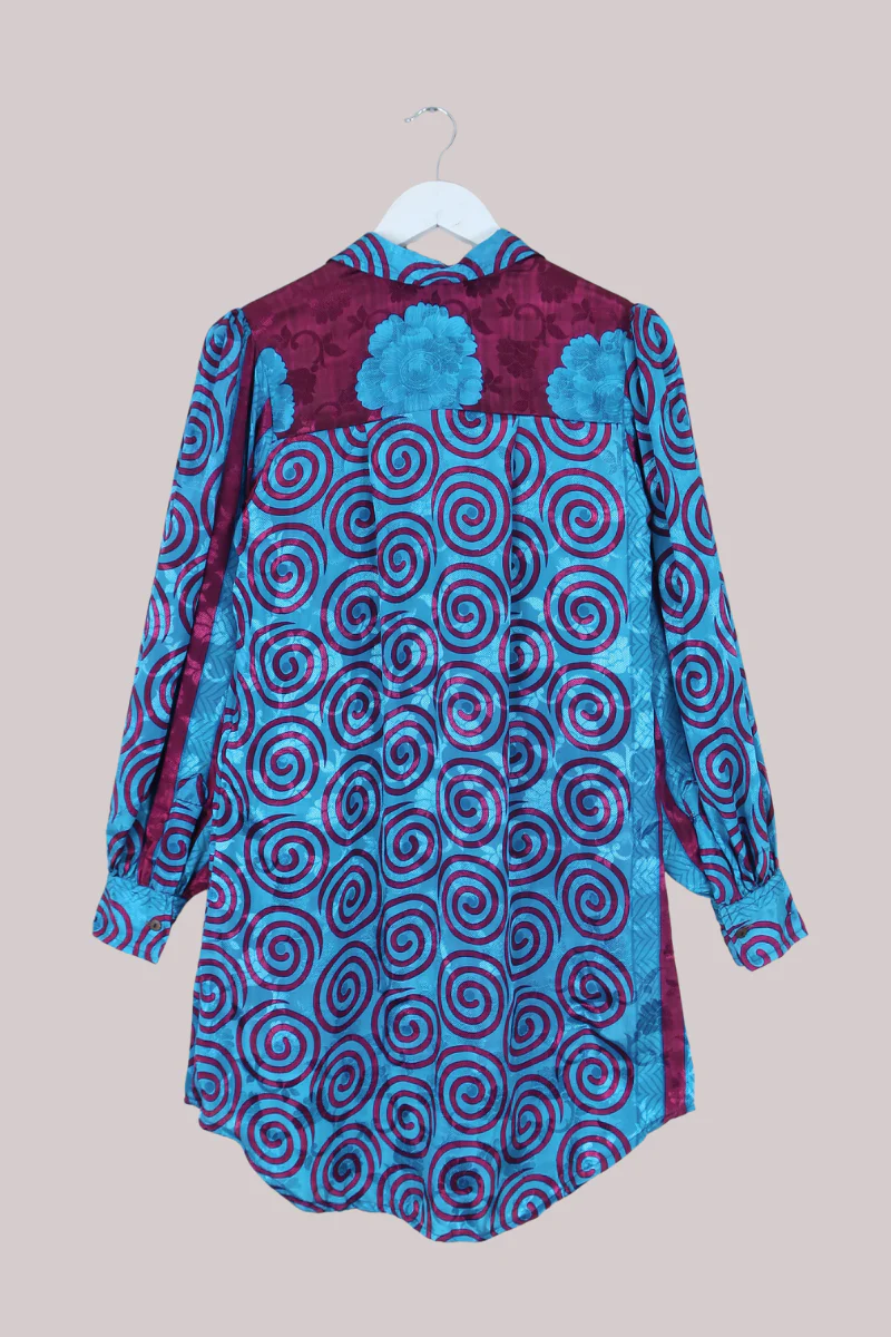 Bonnie Shirt Dress - Mulberry & Sky Swirls - Vintage Indian Sari - Free Size M/L - Image 3