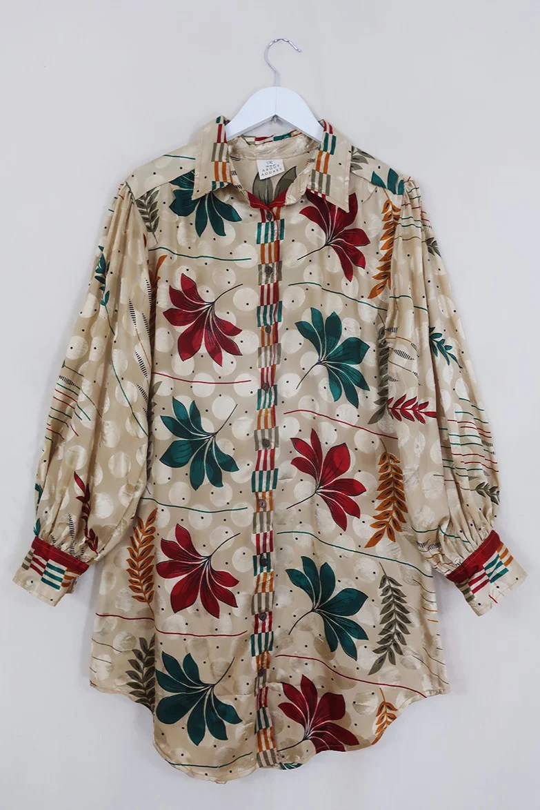 Bonnie Shirt Dress - Desert Sand Ferns - Vintage Indian Sari - Size L/XL