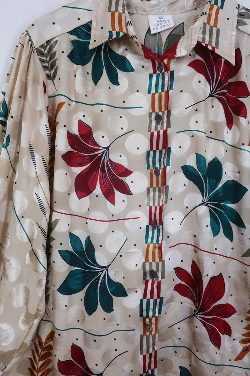 Bonnie Shirt Dress - Desert Sand Ferns - Vintage Indian Sari - Size L/XL - Image 2