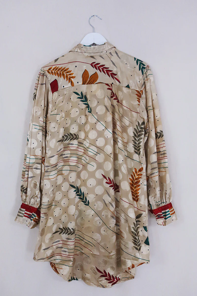Bonnie Shirt Dress - Desert Sand Ferns - Vintage Indian Sari - Size L/XL - Image 3