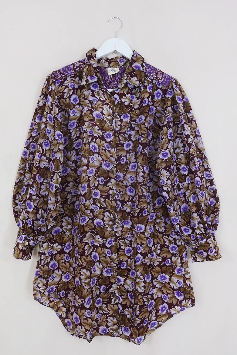 Bonnie Shirt Dress - Pansy Earth Watercolour - Vintage Indian Sari - Size L/XL