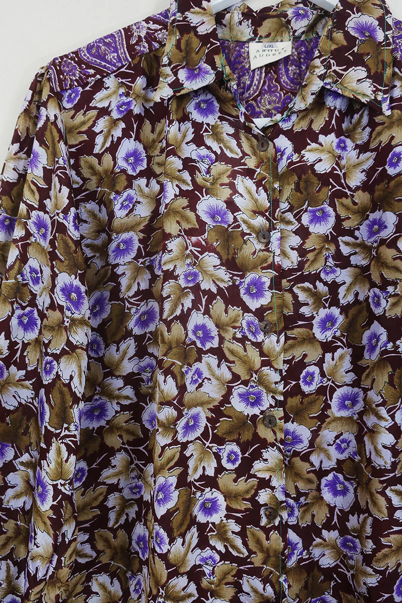 Bonnie Shirt Dress - Pansy Earth Watercolour - Vintage Indian Sari - Size L/XL - Image 2