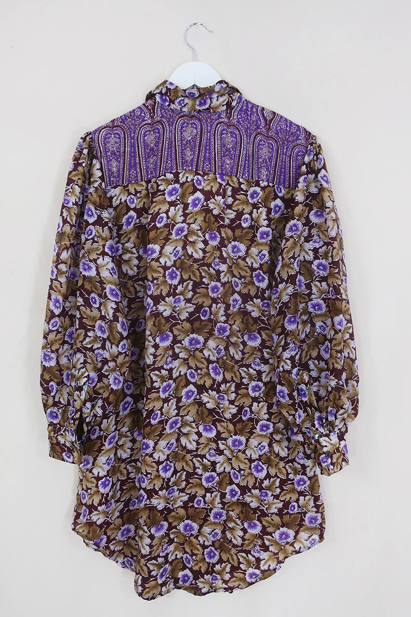 Bonnie Shirt Dress - Pansy Earth Watercolour - Vintage Indian Sari - Size L/XL - Image 3