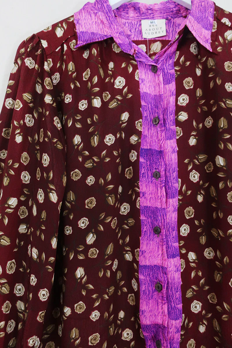 Bonnie Shirt Dress - Red Henna Roses - Vintage Indian Sari - Size M - Image 2