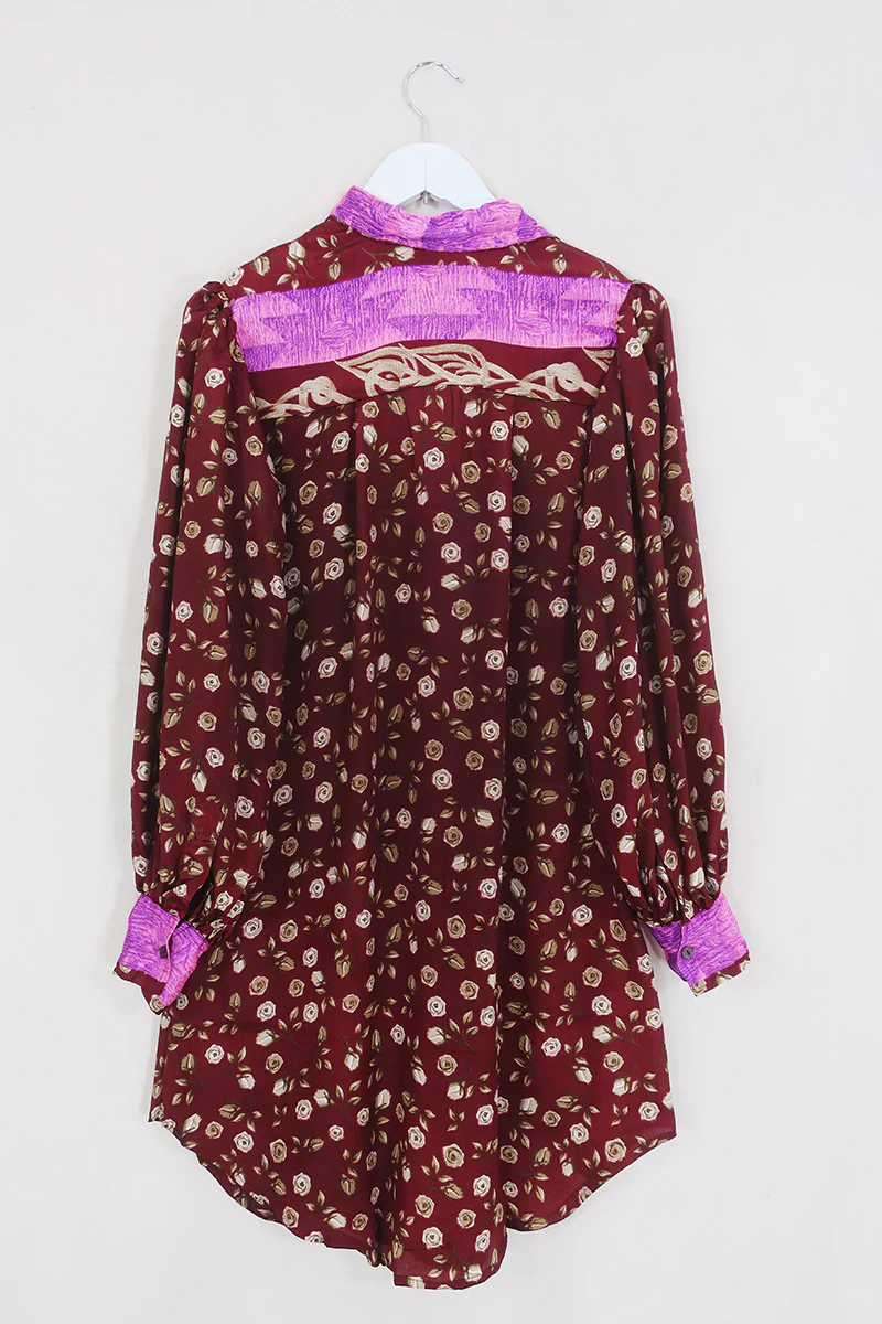 Bonnie Shirt Dress - Red Henna Roses - Vintage Indian Sari - Size M - Image 3