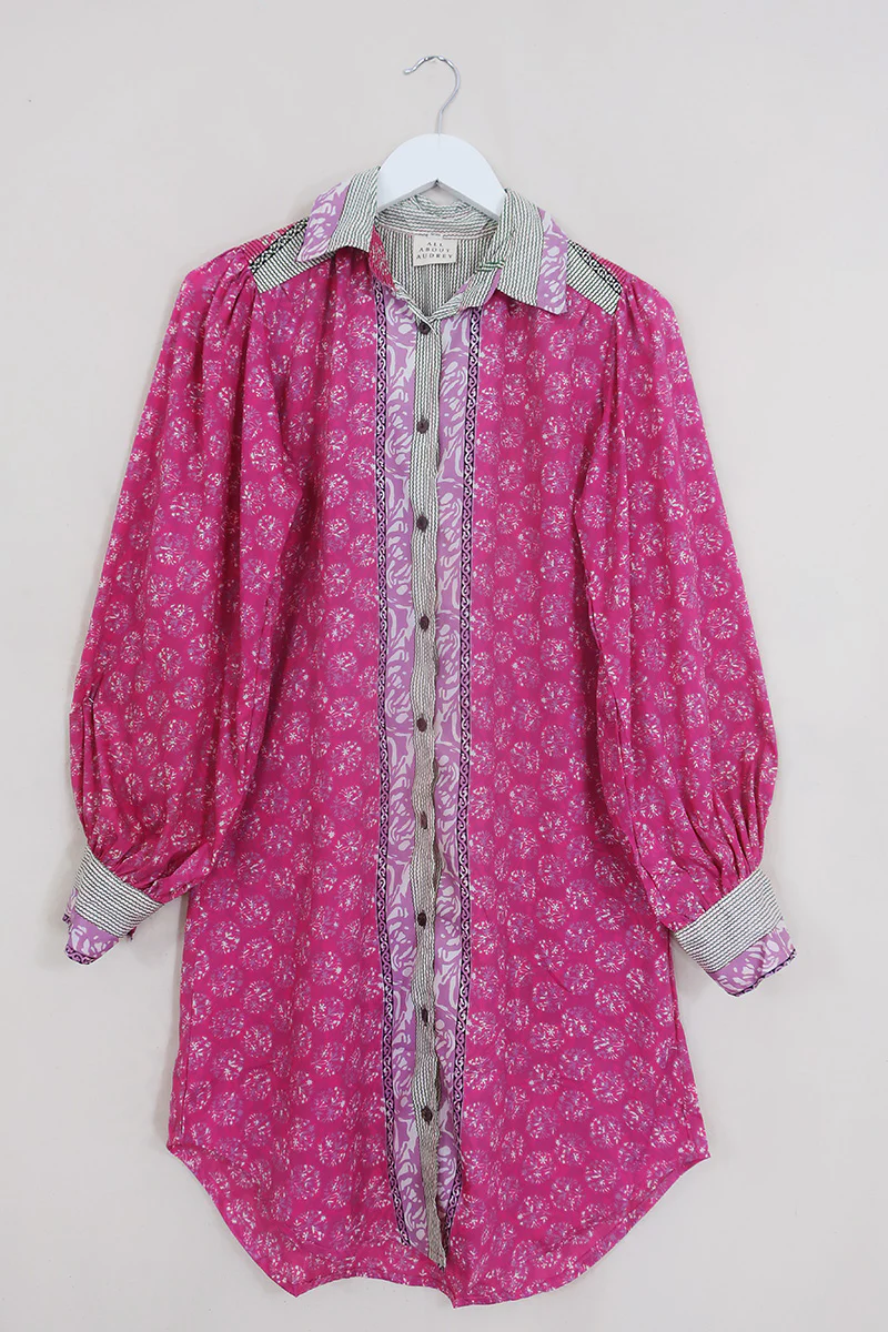 Bonnie Shirt Dress -Dotted Pink Azaleas - Vintage Indian Sari - Size S/M