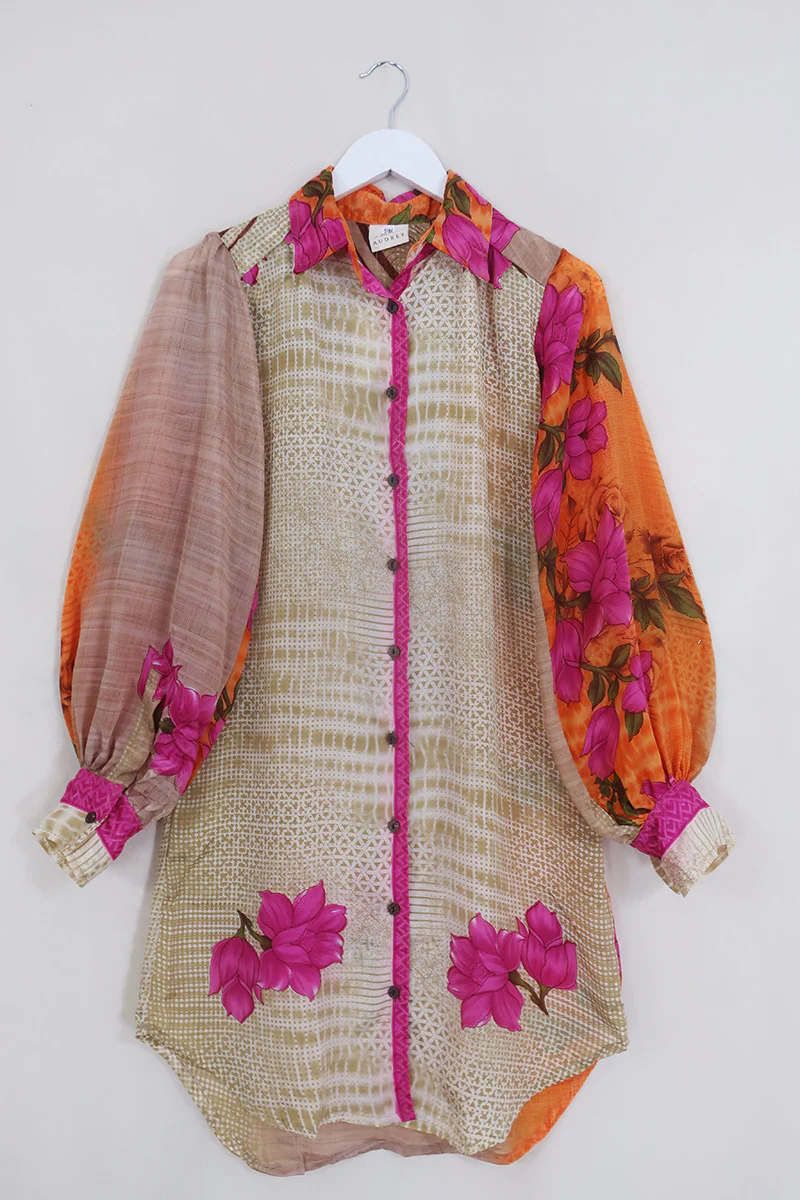 Bonnie Shirt Dress - Tropical Knots & Spots - Vintage Indian Sari - Size S/M